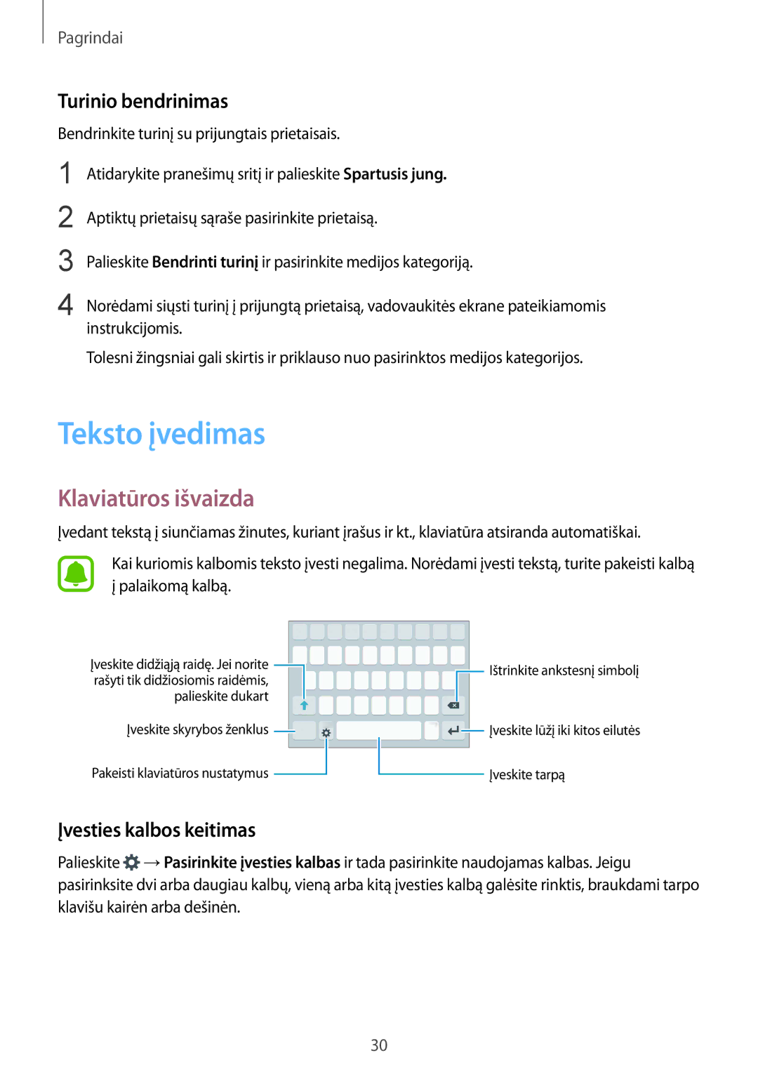 Samsung SM-G920FZBASEB manual Teksto įvedimas, Klaviatūros išvaizda, Turinio bendrinimas, Įvesties kalbos keitimas 