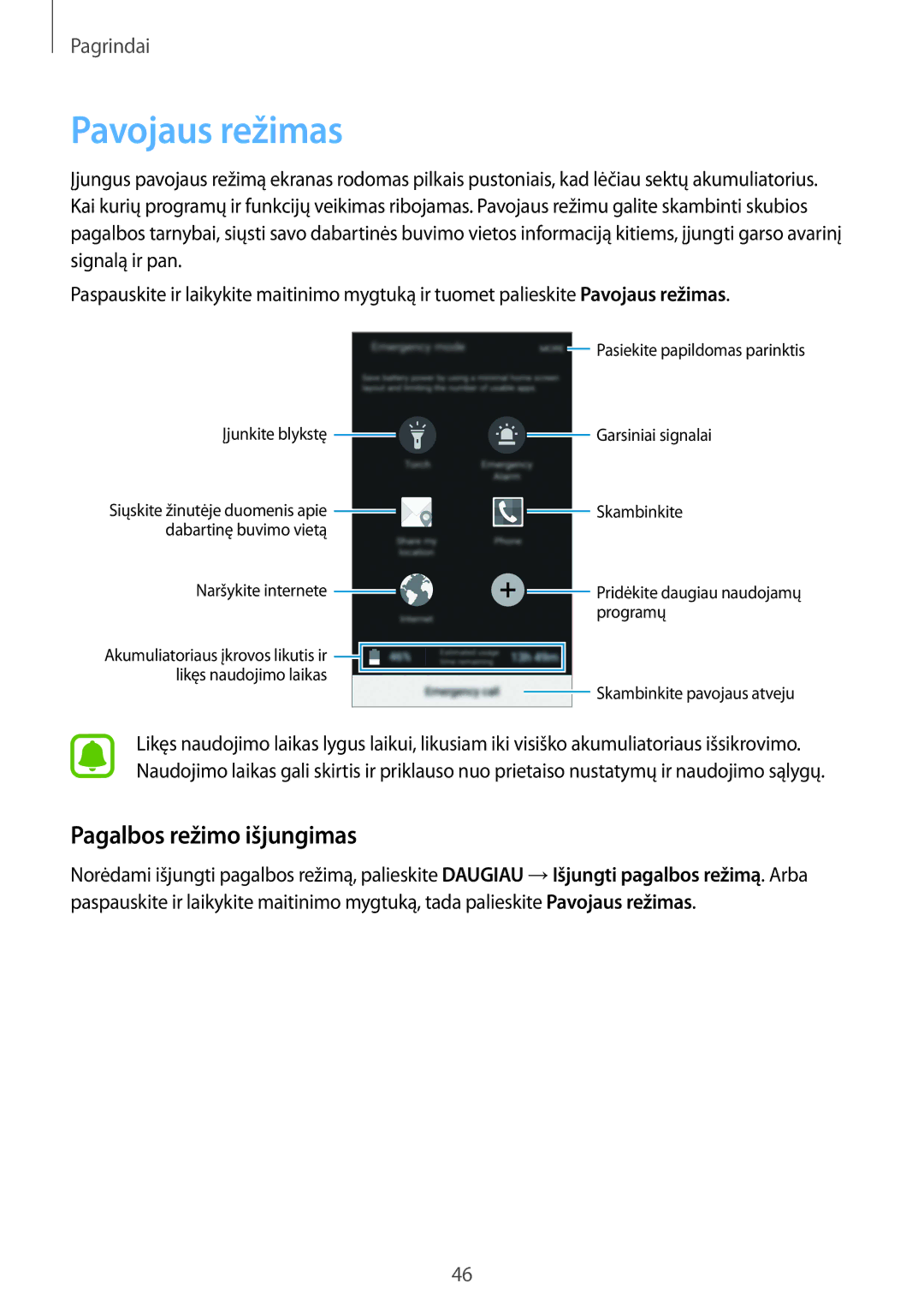 Samsung SM-G920FZBASEB manual Pavojaus režimas, Pagalbos režimo išjungimas 