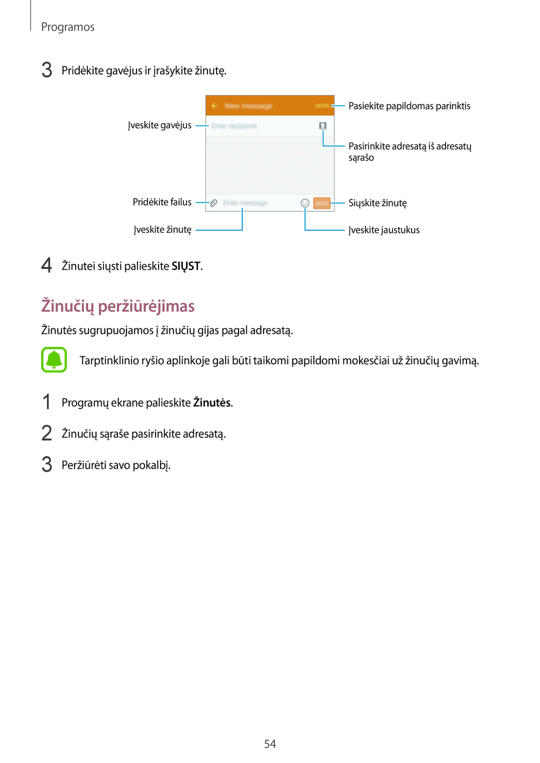 Samsung SM-G920FZBASEB manual Žinučių peržiūrėjimas, Pridėkite gavėjus ir įrašykite žinutę, Žinutei siųsti palieskite Siųst 