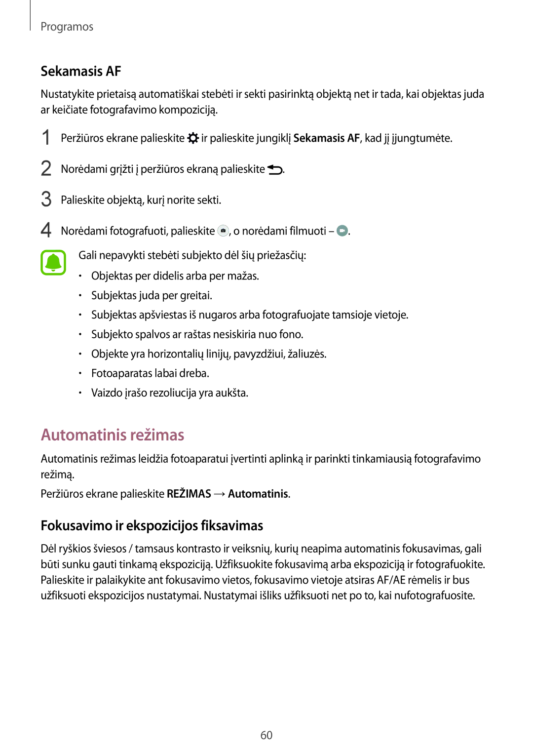 Samsung SM-G920FZBASEB manual Automatinis režimas, Sekamasis AF, Fokusavimo ir ekspozicijos fiksavimas 