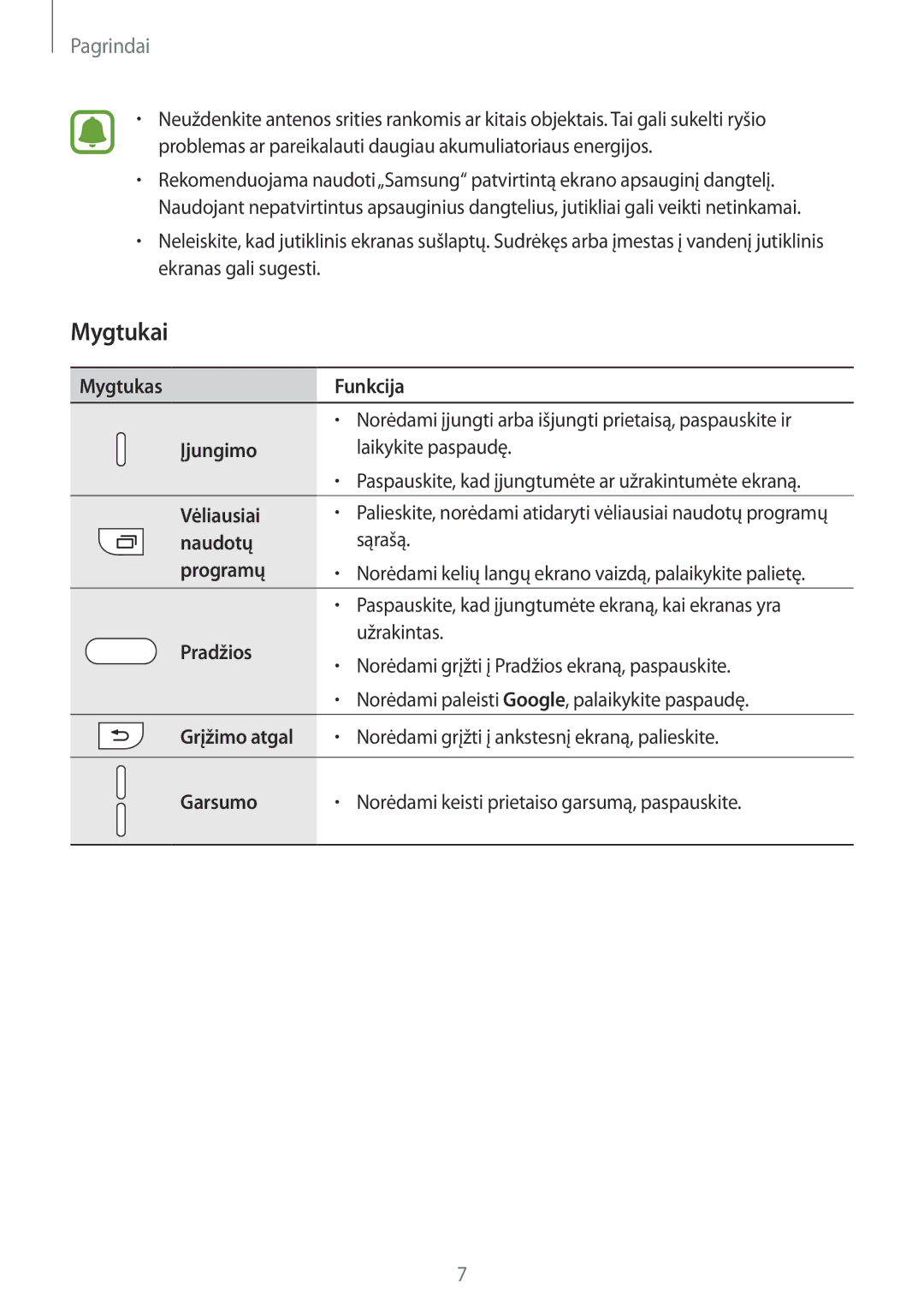 Samsung SM-G920FZBASEB manual Mygtukai 