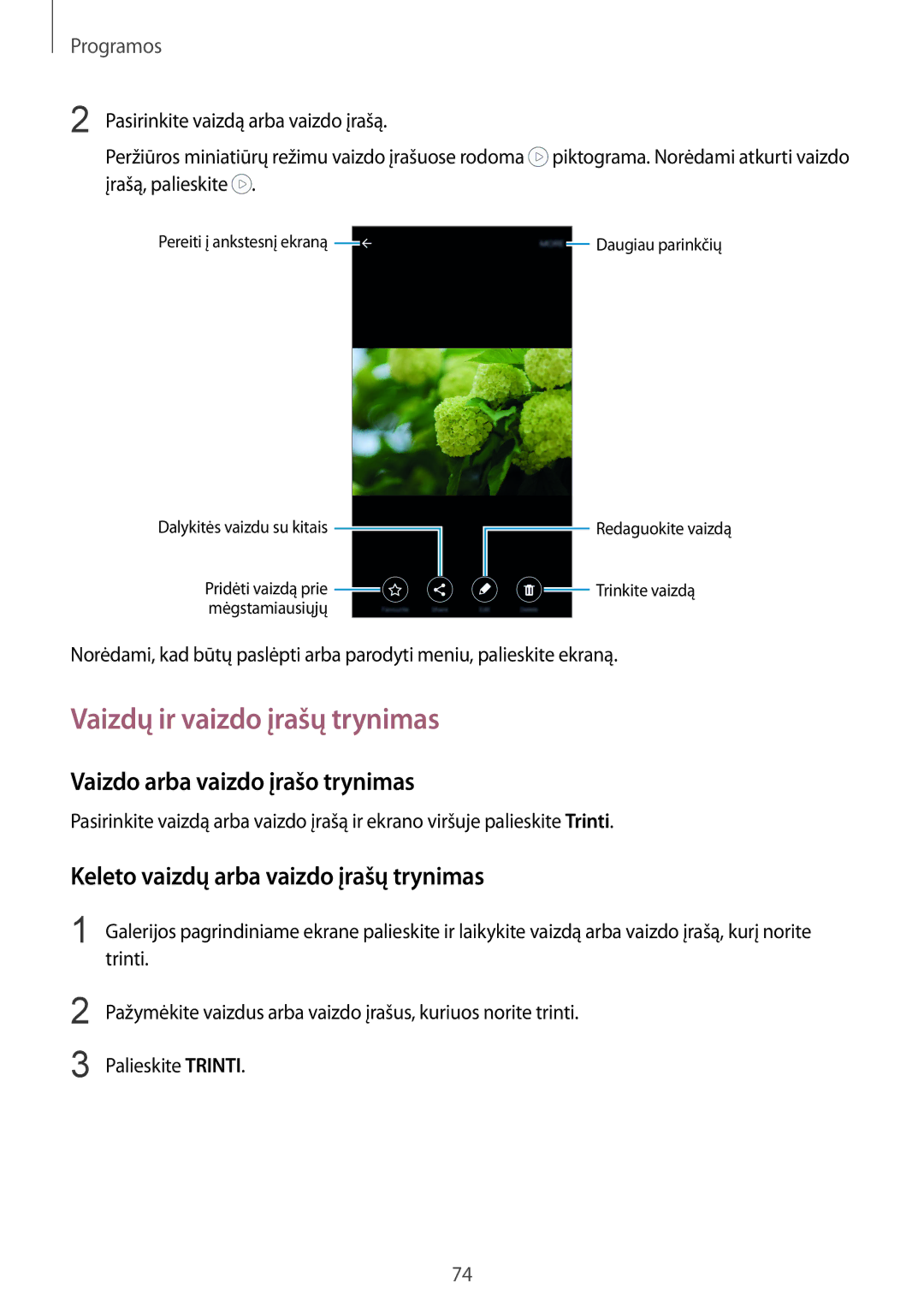 Samsung SM-G920FZBASEB manual Vaizdų ir vaizdo įrašų trynimas, Vaizdo arba vaizdo įrašo trynimas, Palieskite Trinti 