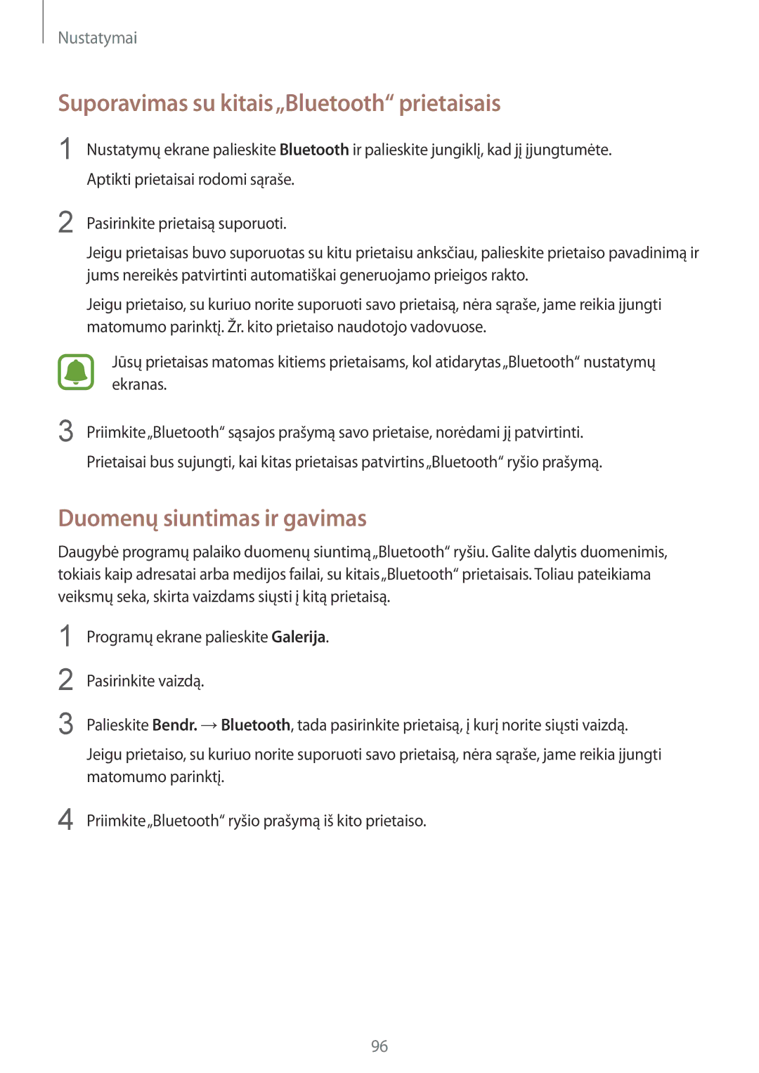 Samsung SM-G920FZBASEB manual Suporavimas su kitais„Bluetooth prietaisais, Duomenų siuntimas ir gavimas 