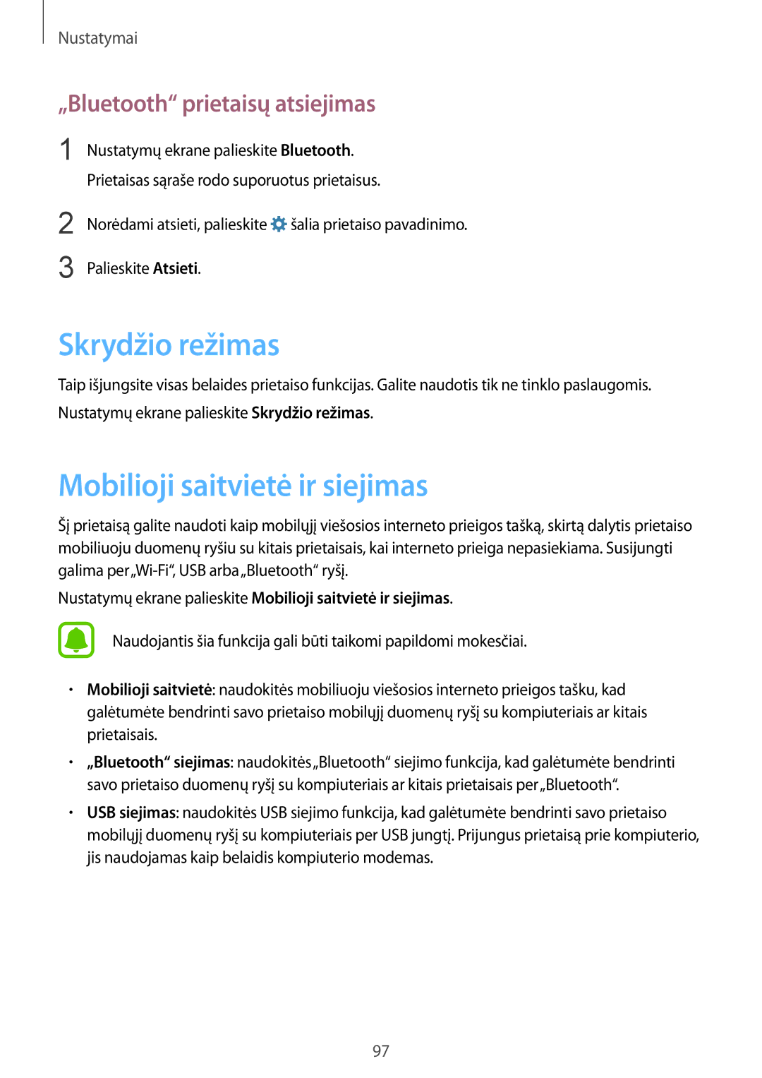 Samsung SM-G920FZBASEB manual Skrydžio režimas, Mobilioji saitvietė ir siejimas, „Bluetooth prietaisų atsiejimas 