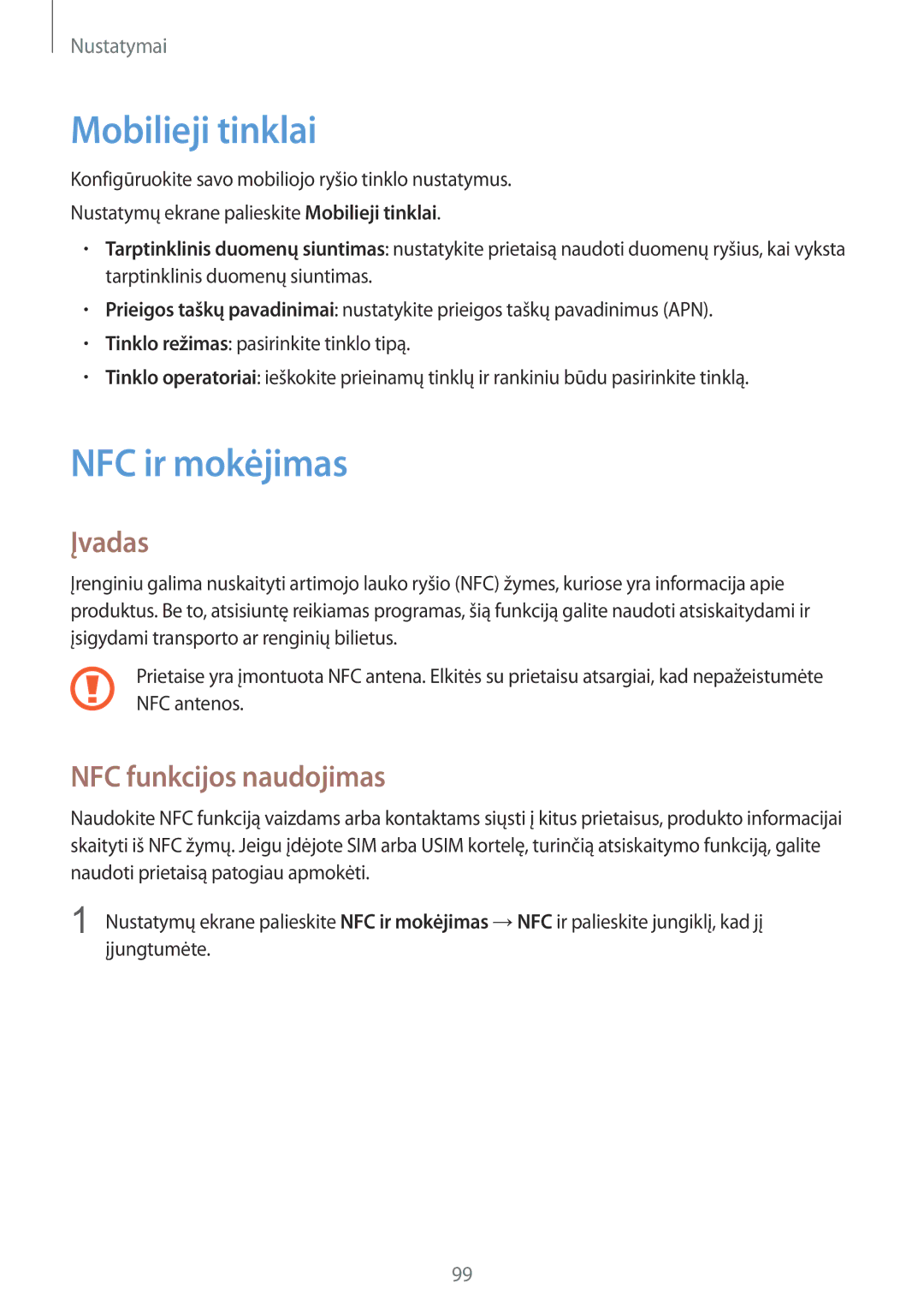 Samsung SM-G920FZBASEB manual Mobilieji tinklai, NFC ir mokėjimas, NFC funkcijos naudojimas 