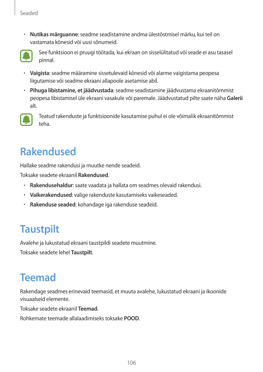 Samsung SM-G920FZBASEB manual Rakendused, Taustpilt, Teemad 