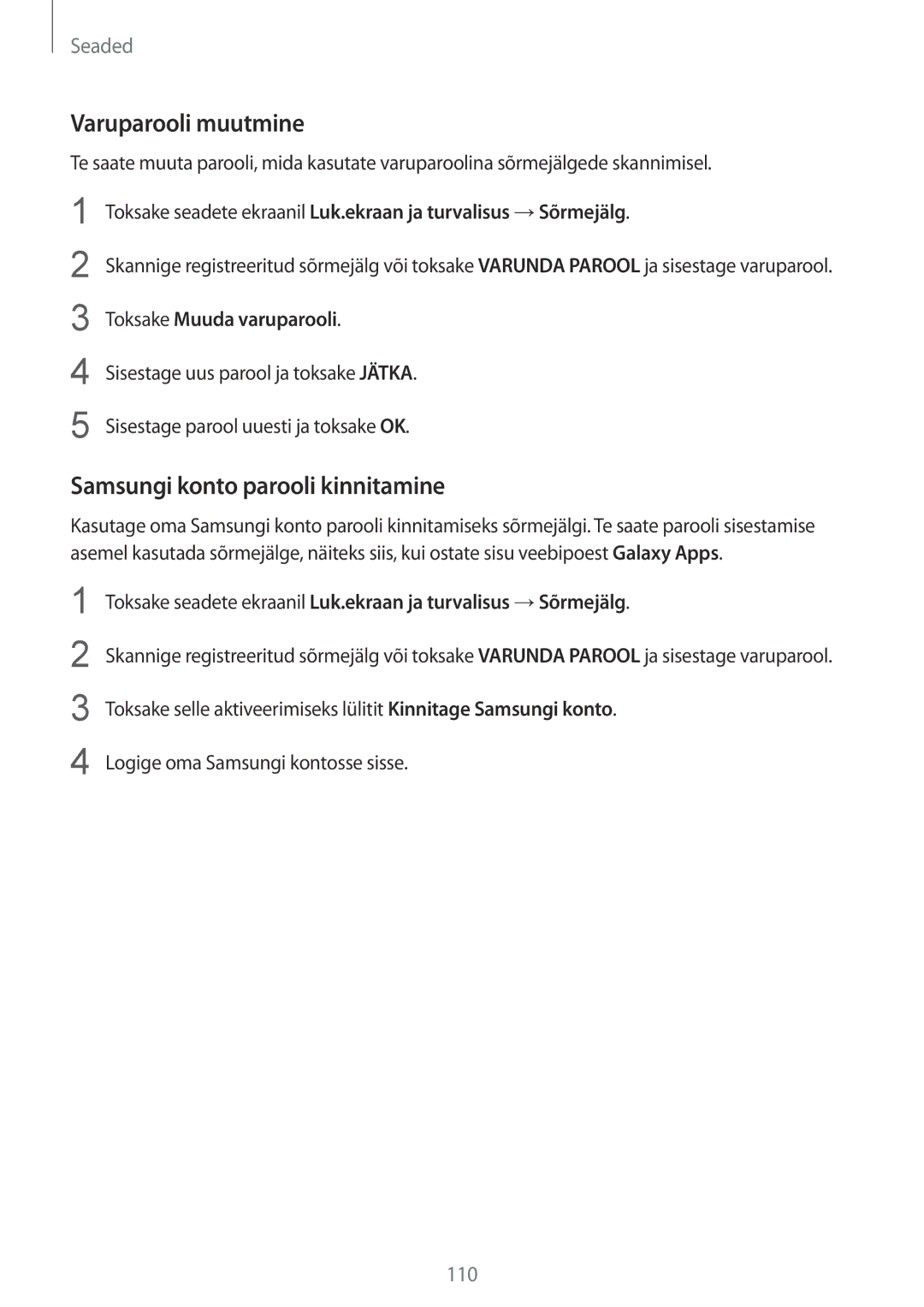 Samsung SM-G920FZBASEB manual Varuparooli muutmine, Samsungi konto parooli kinnitamine, Toksake Muuda varuparooli 