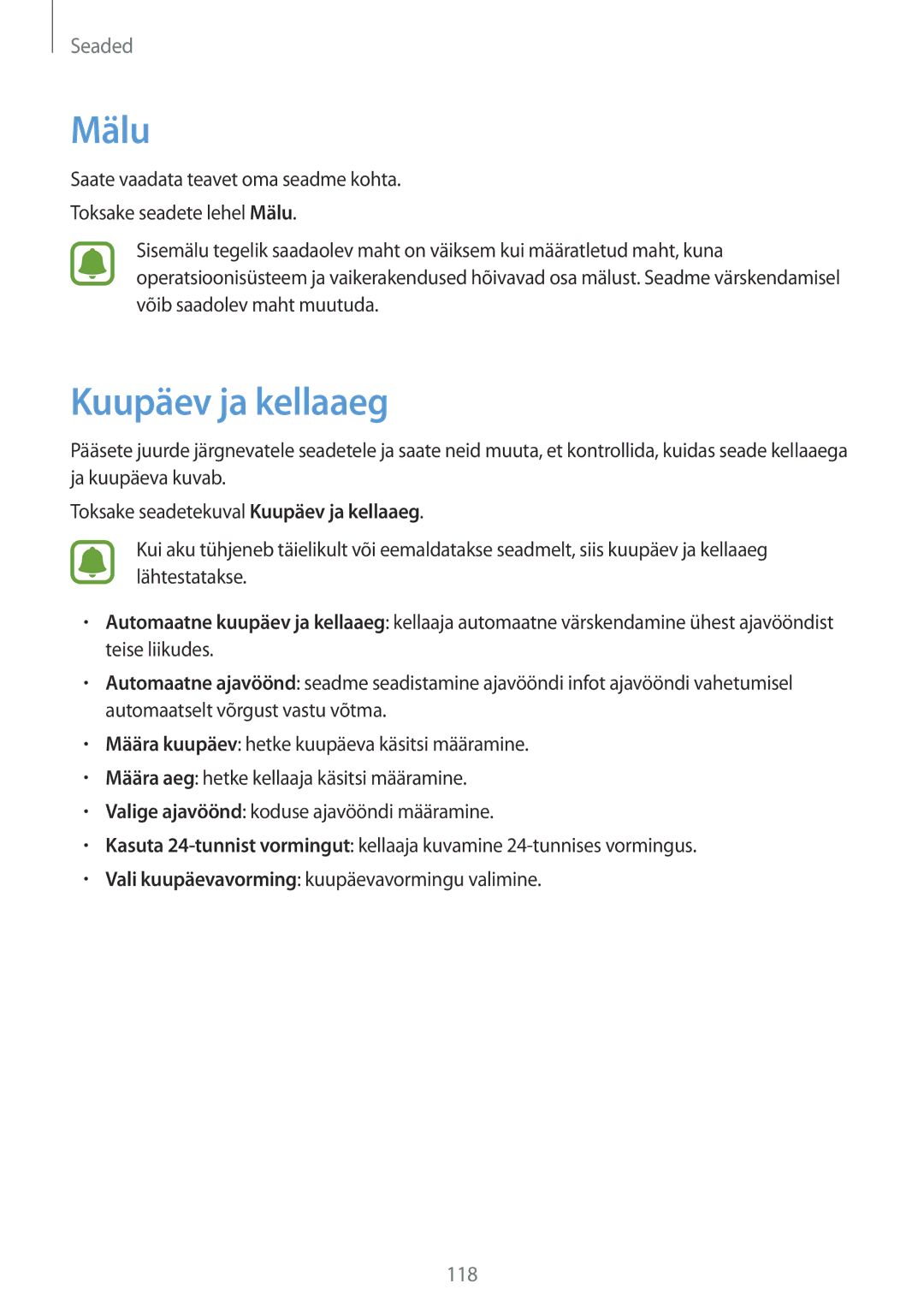 Samsung SM-G920FZBASEB manual Mälu, Kuupäev ja kellaaeg 