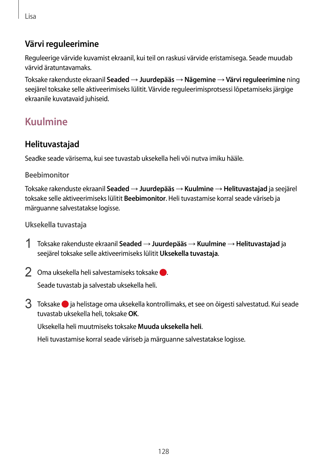 Samsung SM-G920FZBASEB manual Kuulmine, Värvi reguleerimine, Helituvastajad 