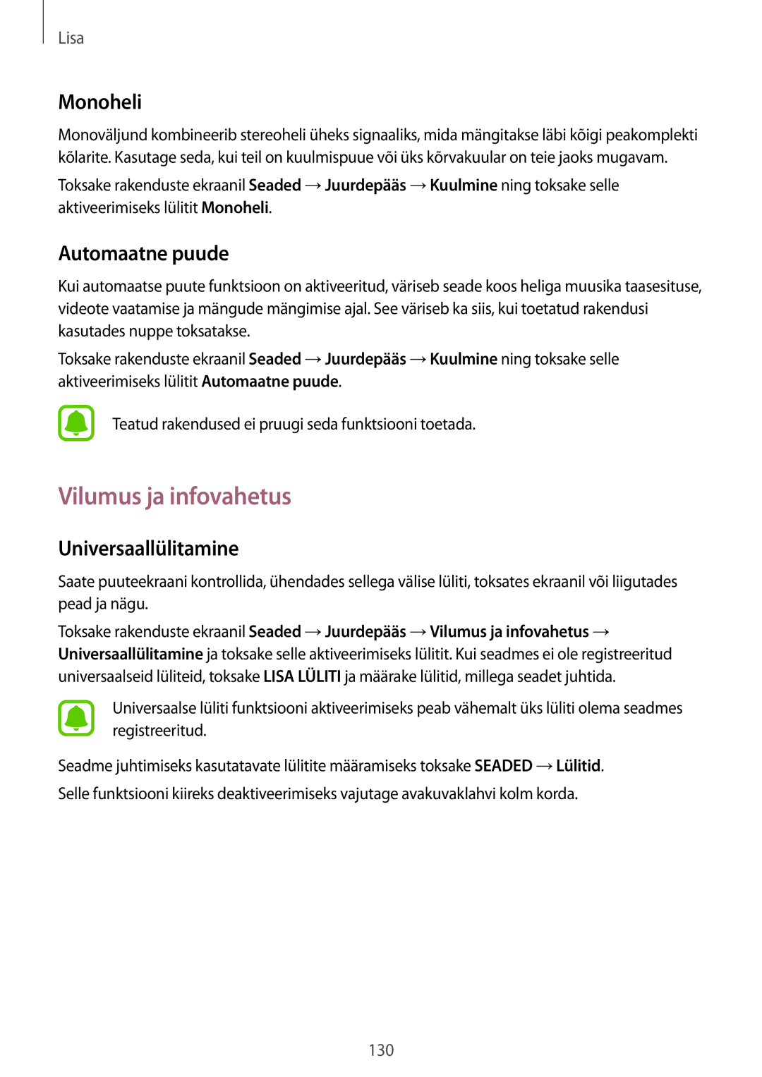 Samsung SM-G920FZBASEB manual Vilumus ja infovahetus, Monoheli, Automaatne puude, Universaallülitamine 