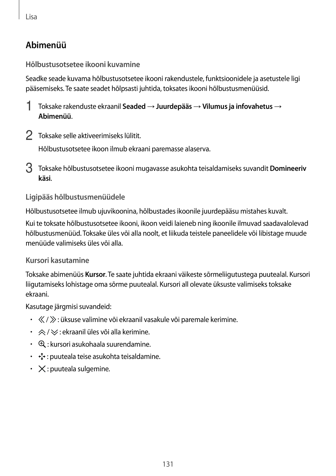 Samsung SM-G920FZBASEB manual Abimenüü, Käsi 