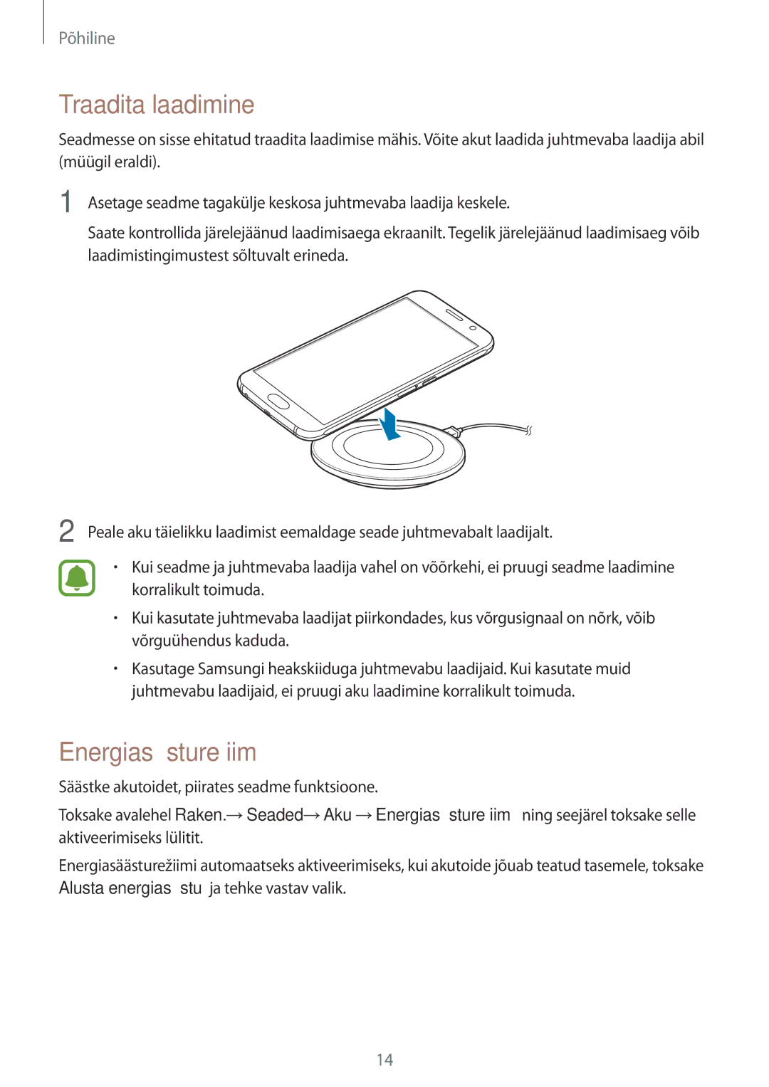 Samsung SM-G920FZBASEB manual Traadita laadimine, Energiasäästurežiim 