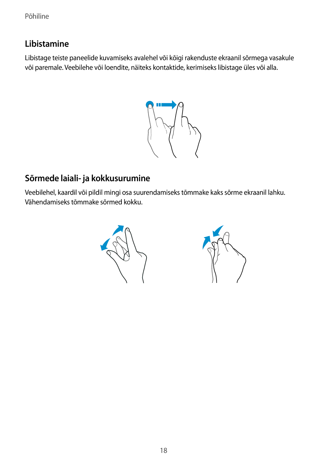 Samsung SM-G920FZBASEB manual Libistamine, Sõrmede laiali- ja kokkusurumine 