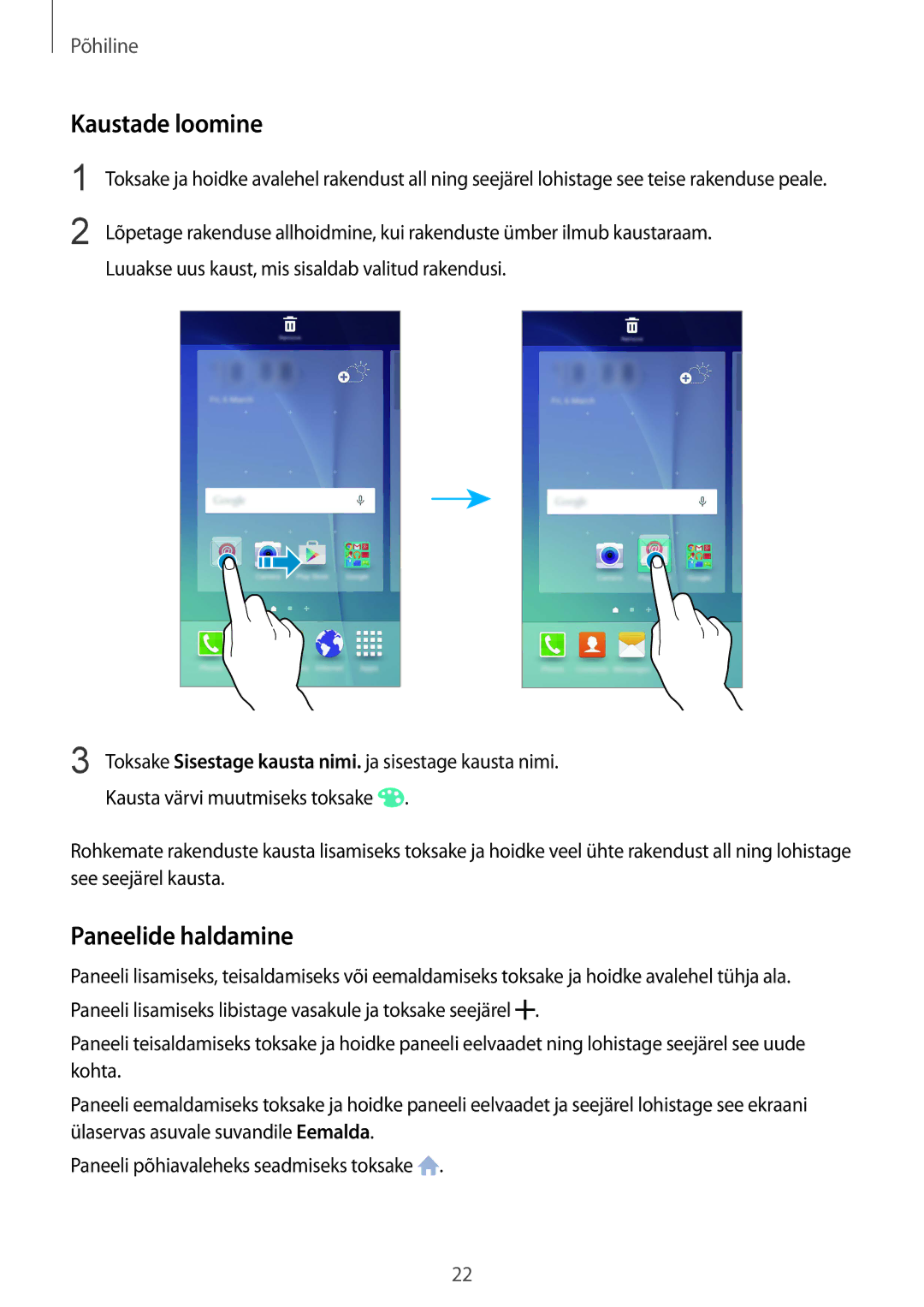 Samsung SM-G920FZBASEB manual Kaustade loomine, Paneelide haldamine 