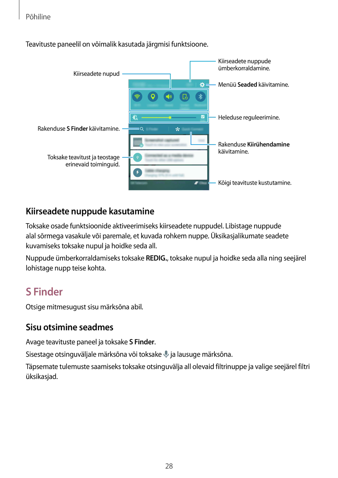 Samsung SM-G920FZBASEB manual Finder, Kiirseadete nuppude kasutamine, Sisu otsimine seadmes 