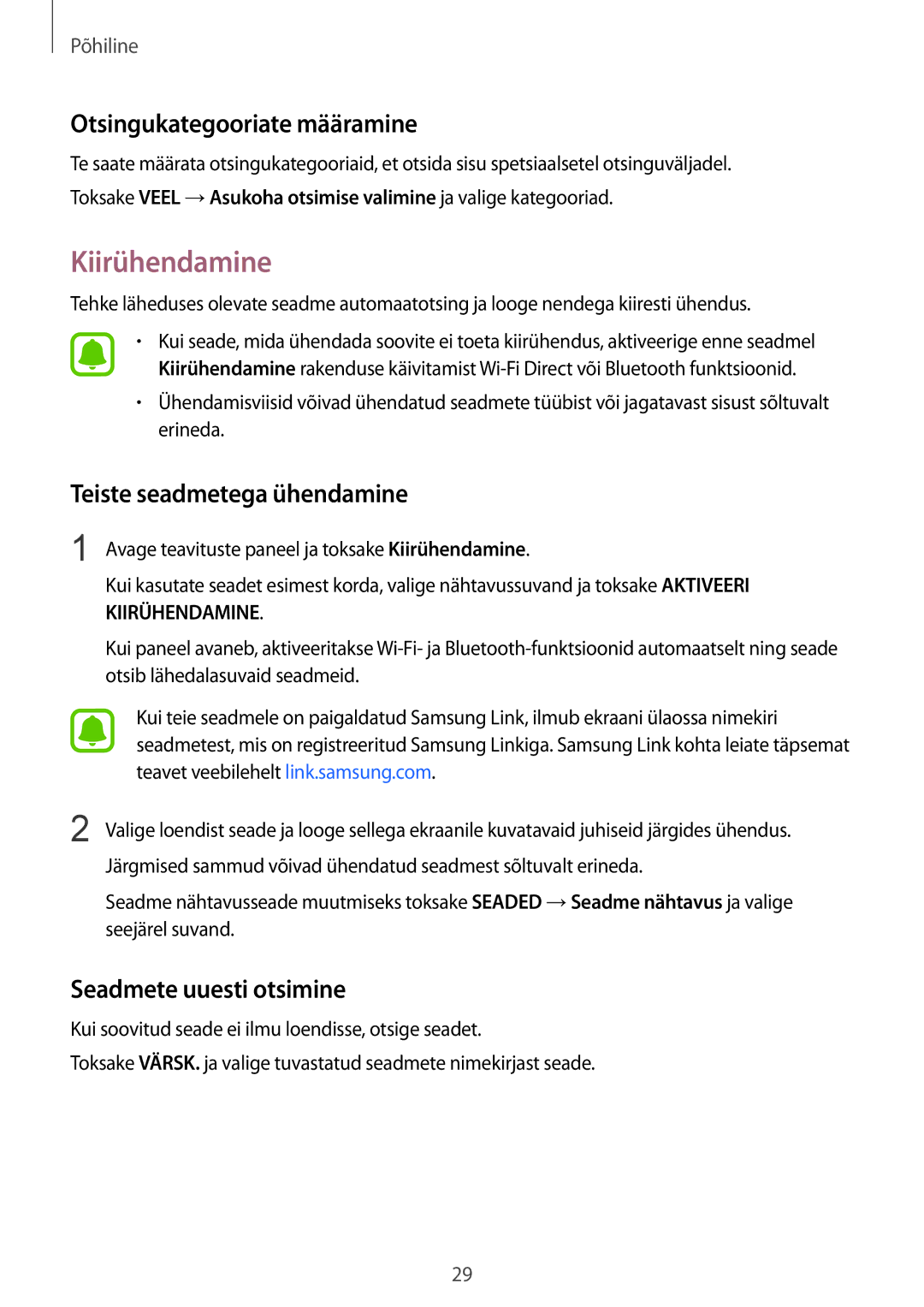 Samsung SM-G920FZBASEB manual Kiirühendamine, Otsingukategooriate määramine, Teiste seadmetega ühendamine 