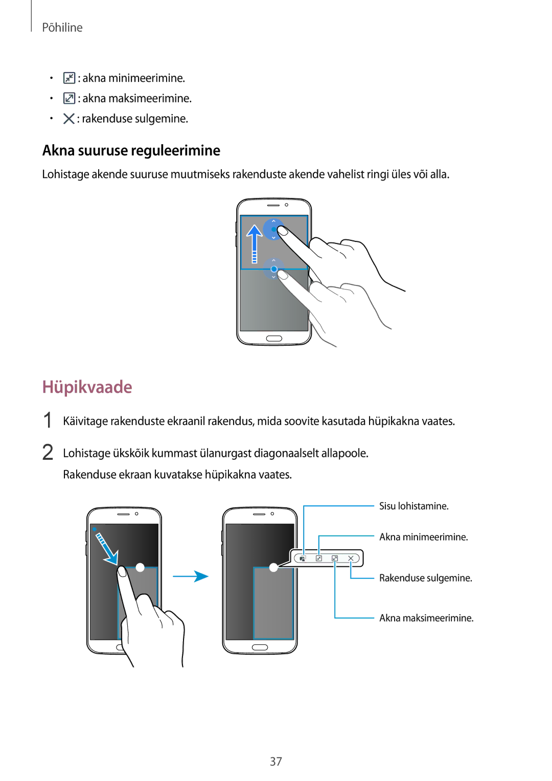 Samsung SM-G920FZBASEB manual Hüpikvaade, Akna suuruse reguleerimine 