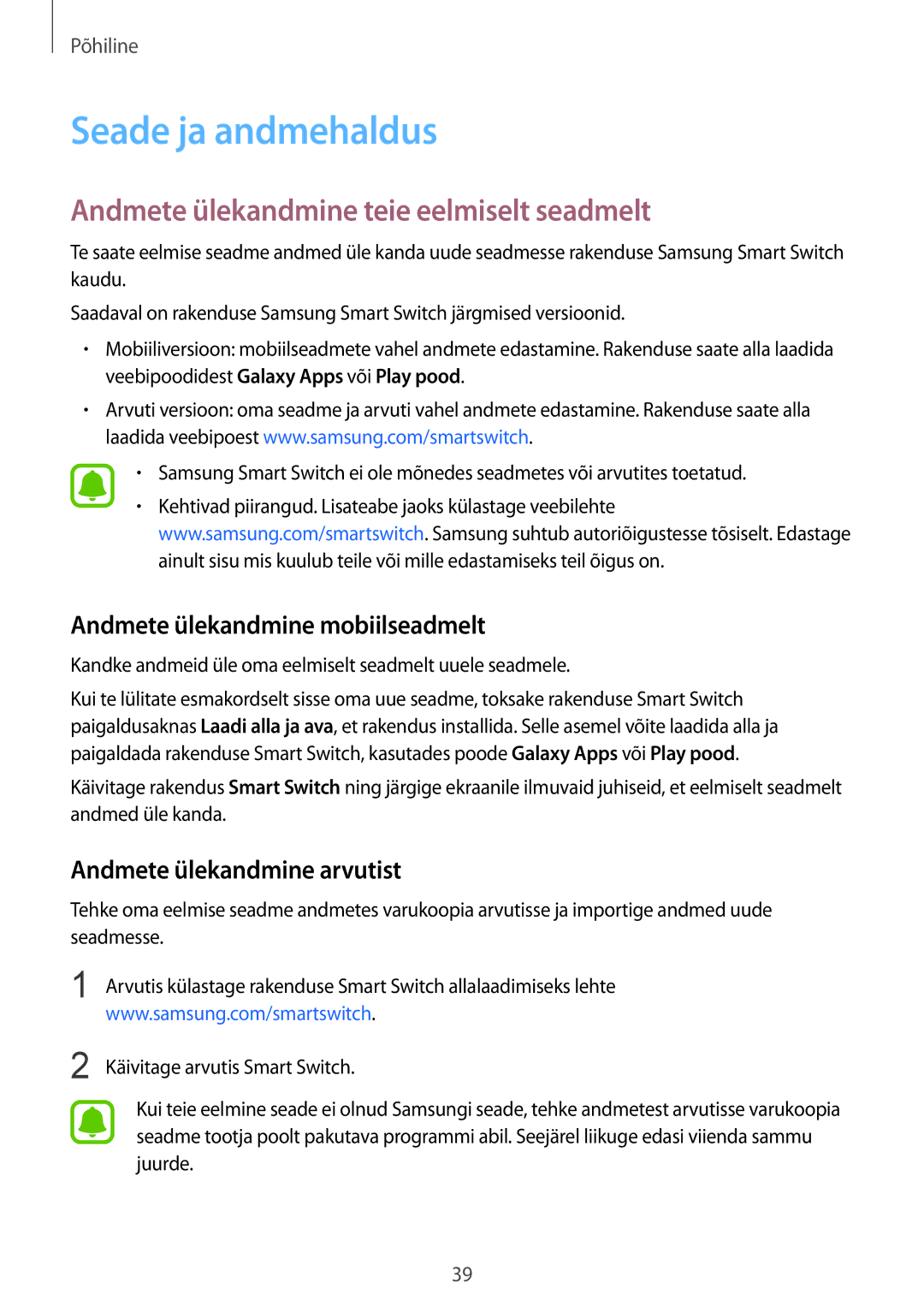 Samsung SM-G920FZBASEB Seade ja andmehaldus, Andmete ülekandmine teie eelmiselt seadmelt, Andmete ülekandmine arvutist 