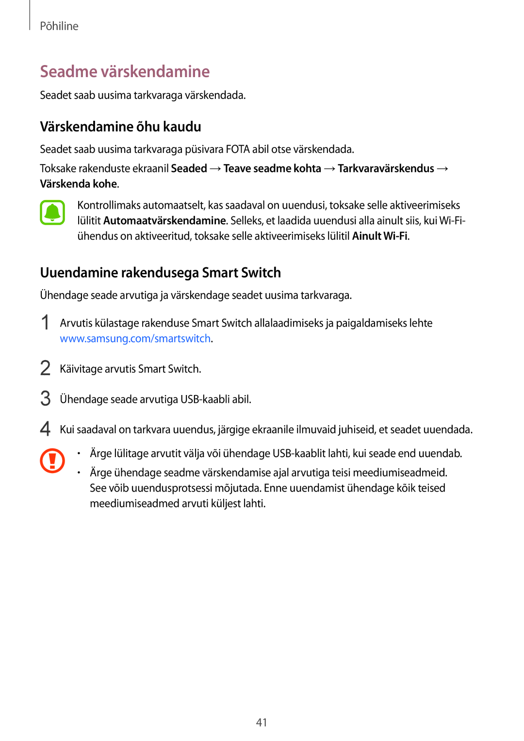 Samsung SM-G920FZBASEB manual Seadme värskendamine, Värskendamine õhu kaudu, Uuendamine rakendusega Smart Switch 