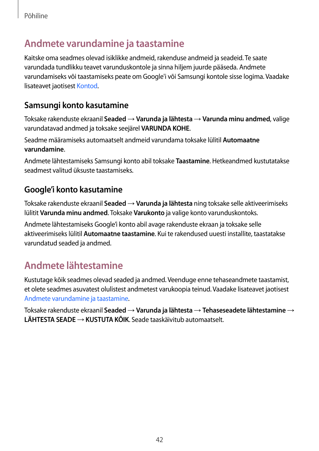 Samsung SM-G920FZBASEB manual Andmete varundamine ja taastamine, Andmete lähtestamine, Samsungi konto kasutamine 