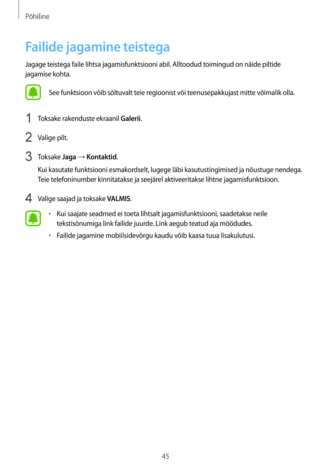 Samsung SM-G920FZBASEB manual Failide jagamine teistega, Toksake Jaga →Kontaktid 