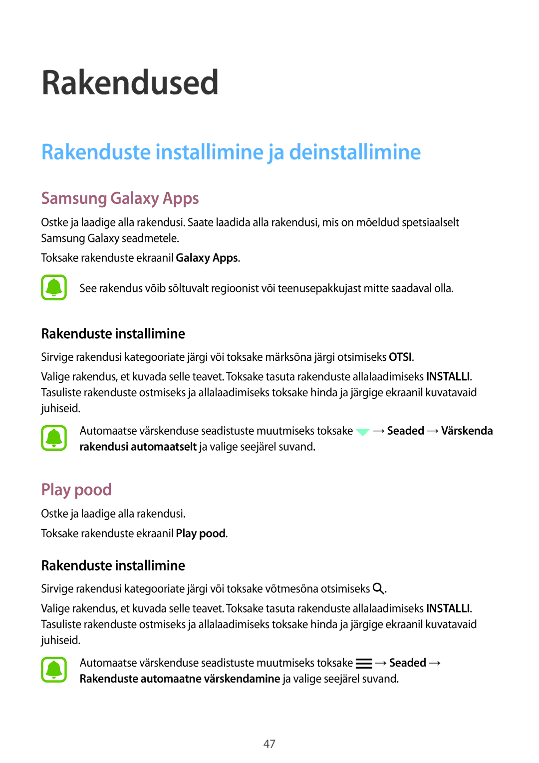 Samsung SM-G920FZBASEB manual Rakenduste installimine ja deinstallimine, Samsung Galaxy Apps, Play pood 