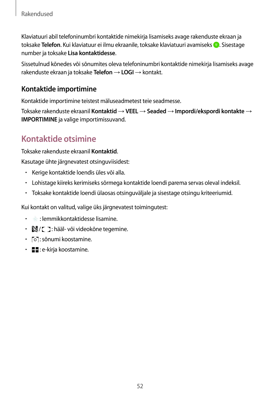 Samsung SM-G920FZBASEB manual Kontaktide otsimine, Kontaktide importimine 