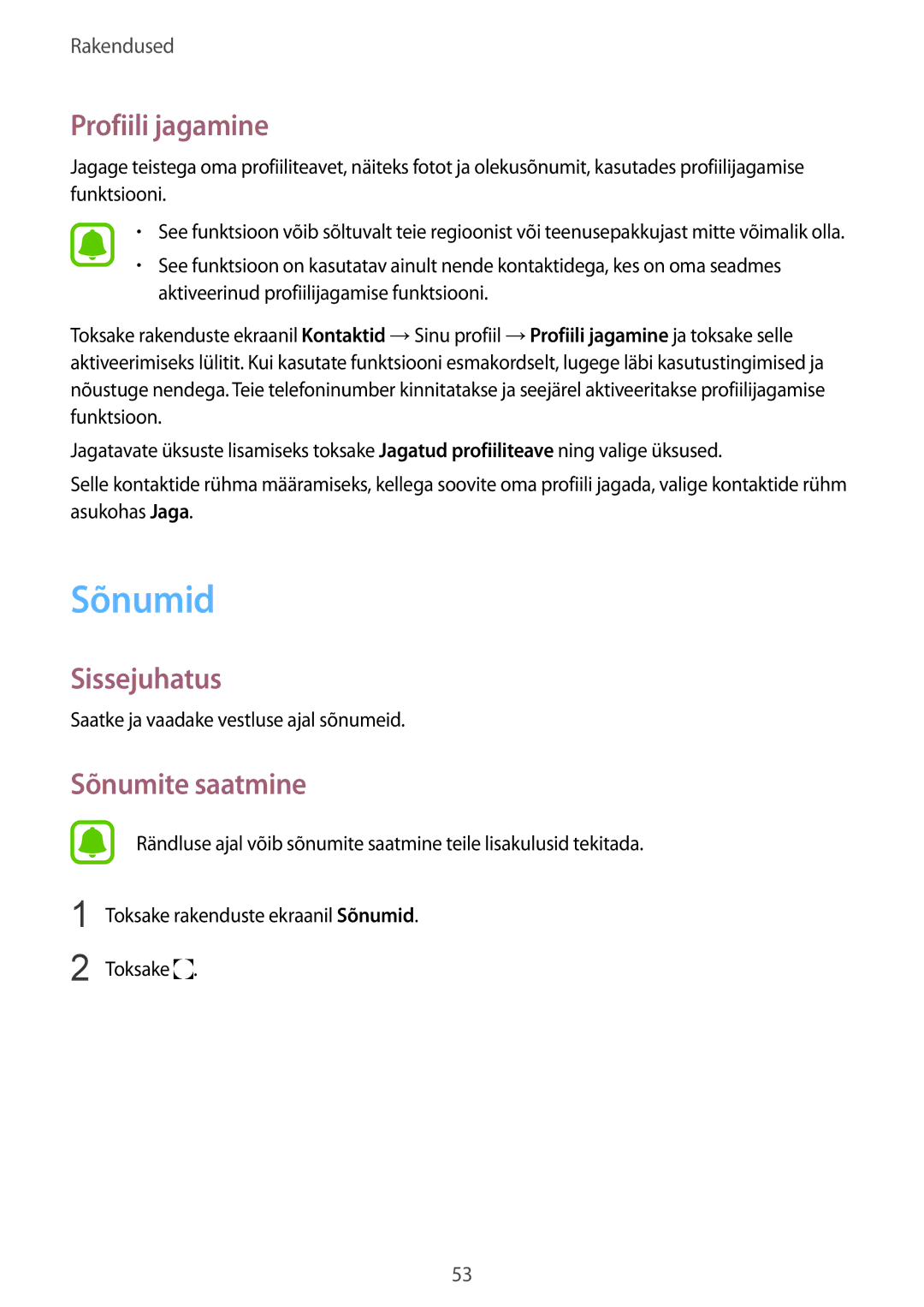 Samsung SM-G920FZBASEB manual Sõnumid, Profiili jagamine, Sõnumite saatmine 