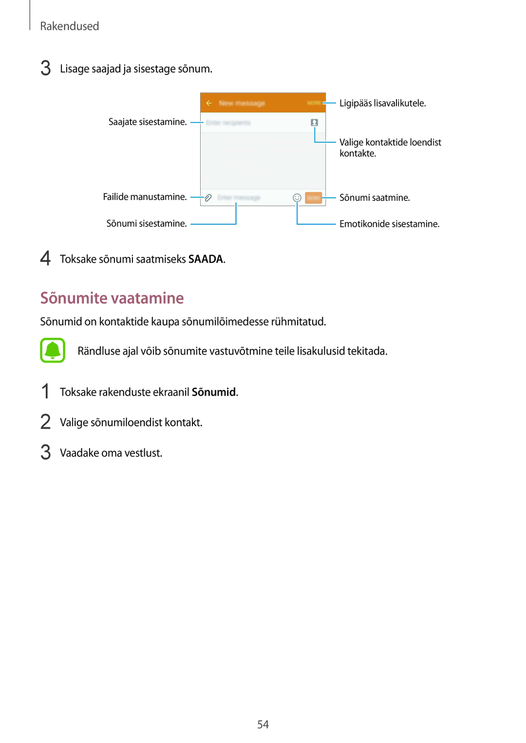 Samsung SM-G920FZBASEB manual Sõnumite vaatamine, Lisage saajad ja sisestage sõnum 