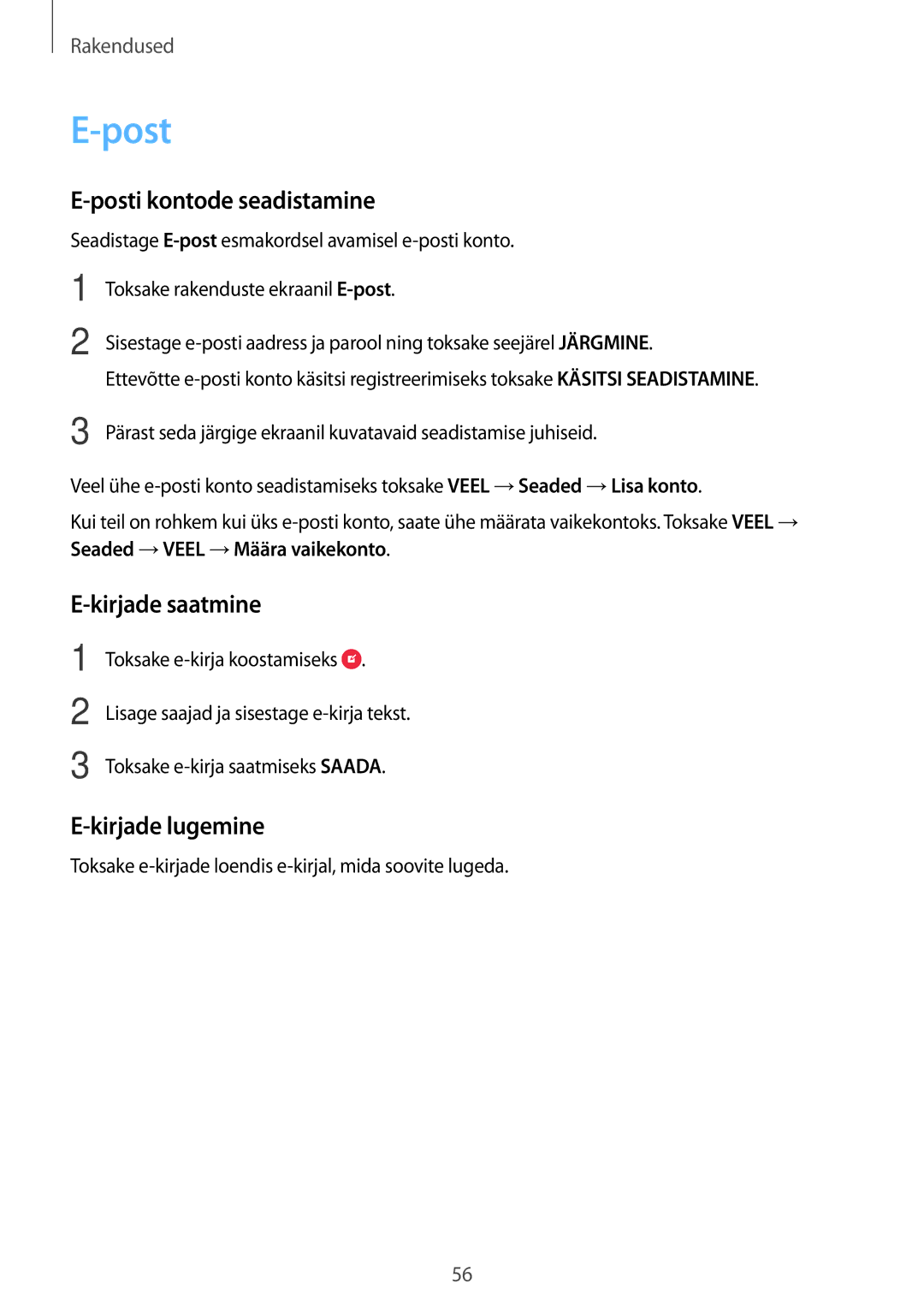 Samsung SM-G920FZBASEB manual Posti kontode seadistamine, Kirjade saatmine, Kirjade lugemine 