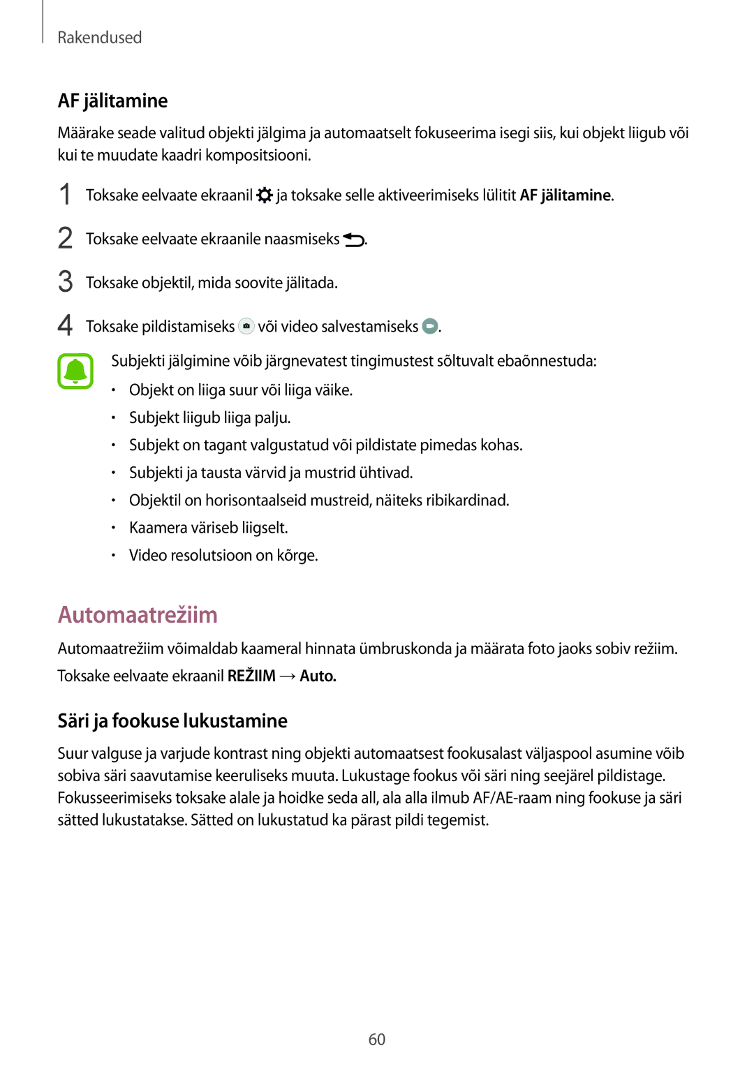 Samsung SM-G920FZBASEB manual Automaatrežiim, AF jälitamine, Säri ja fookuse lukustamine 