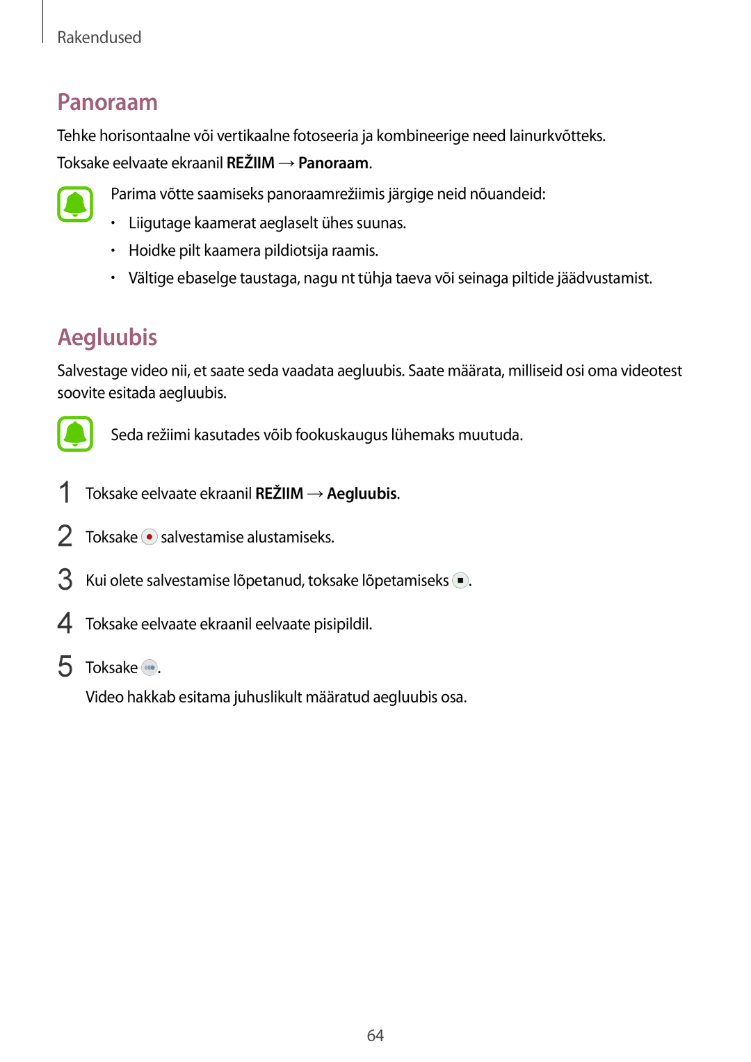 Samsung SM-G920FZBASEB manual Panoraam, Aegluubis 