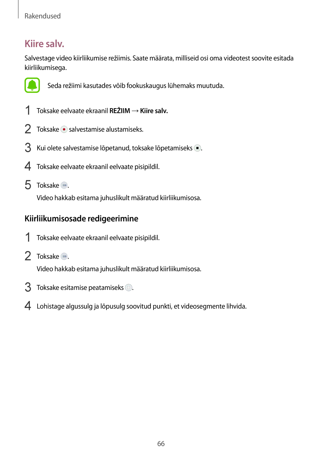 Samsung SM-G920FZBASEB manual Kiire salv, Kiirliikumisosade redigeerimine 