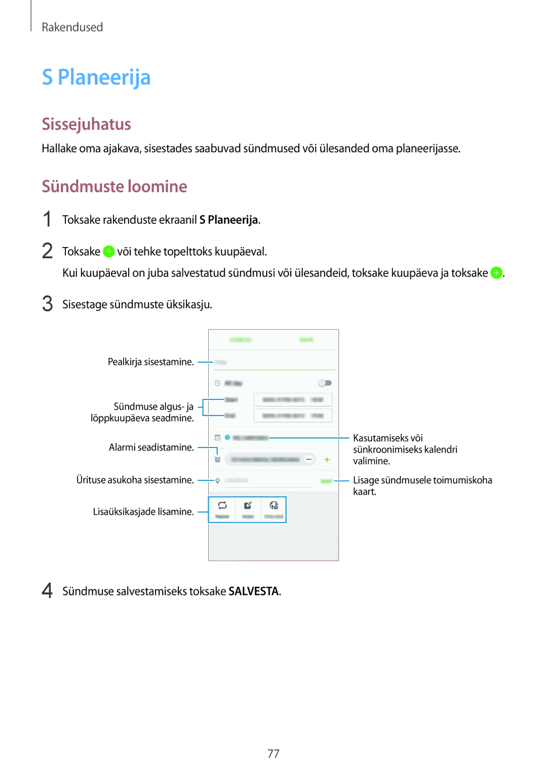 Samsung SM-G920FZBASEB manual Planeerija, Sündmuste loomine 