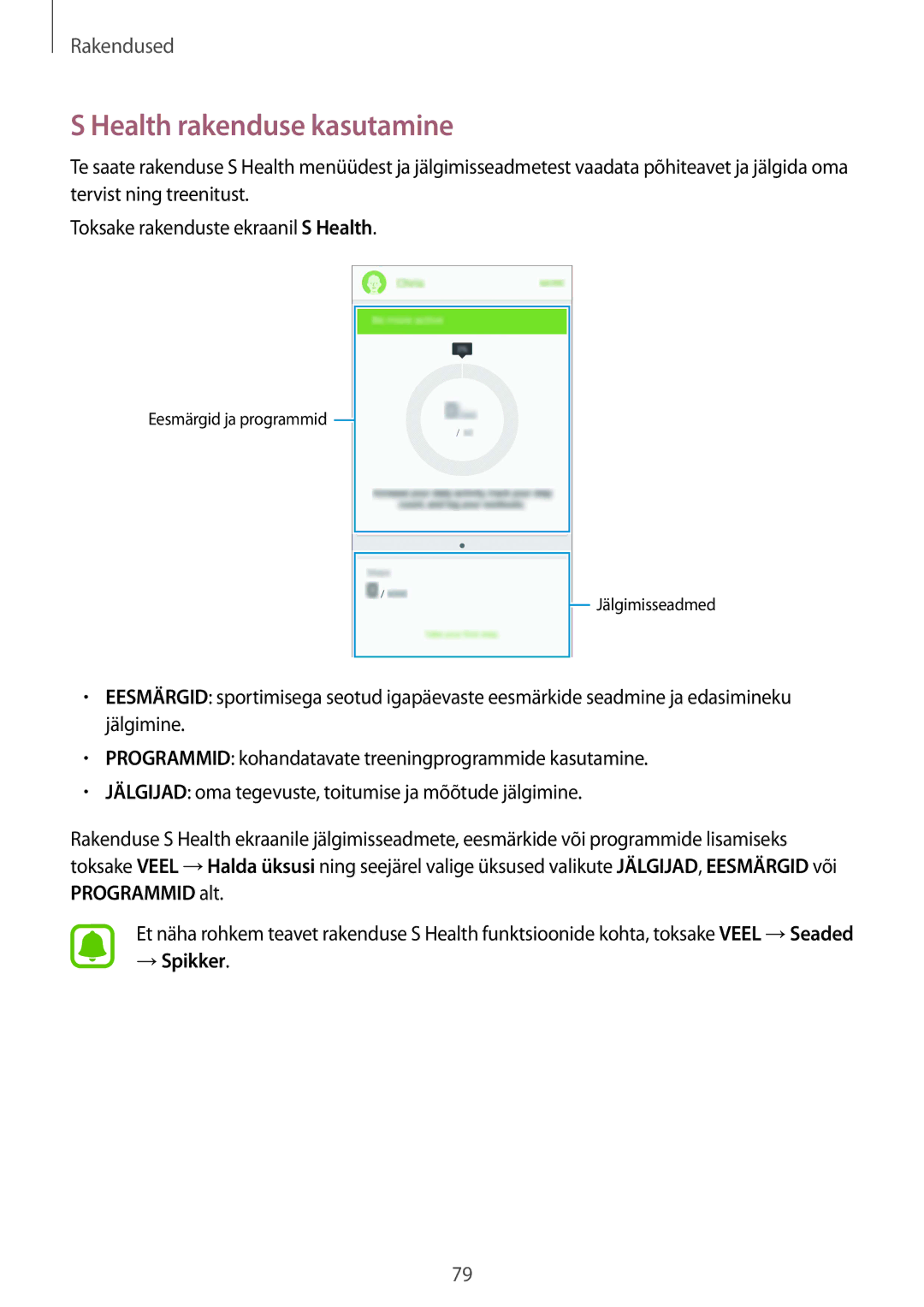 Samsung SM-G920FZBASEB manual Health rakenduse kasutamine, → Spikker 