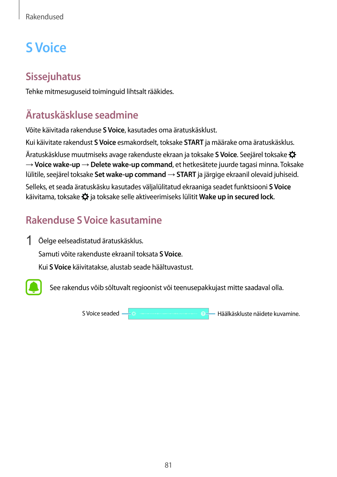 Samsung SM-G920FZBASEB manual Äratuskäskluse seadmine, Rakenduse S Voice kasutamine 