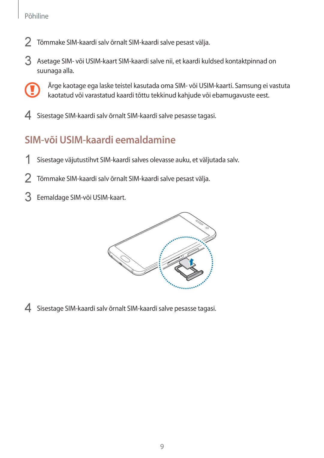 Samsung SM-G920FZBASEB manual SIM-või USIM-kaardi eemaldamine 