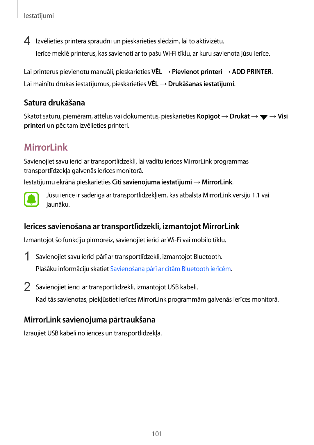 Samsung SM-G920FZBASEB manual Satura drukāšana, MirrorLink savienojuma pārtraukšana 