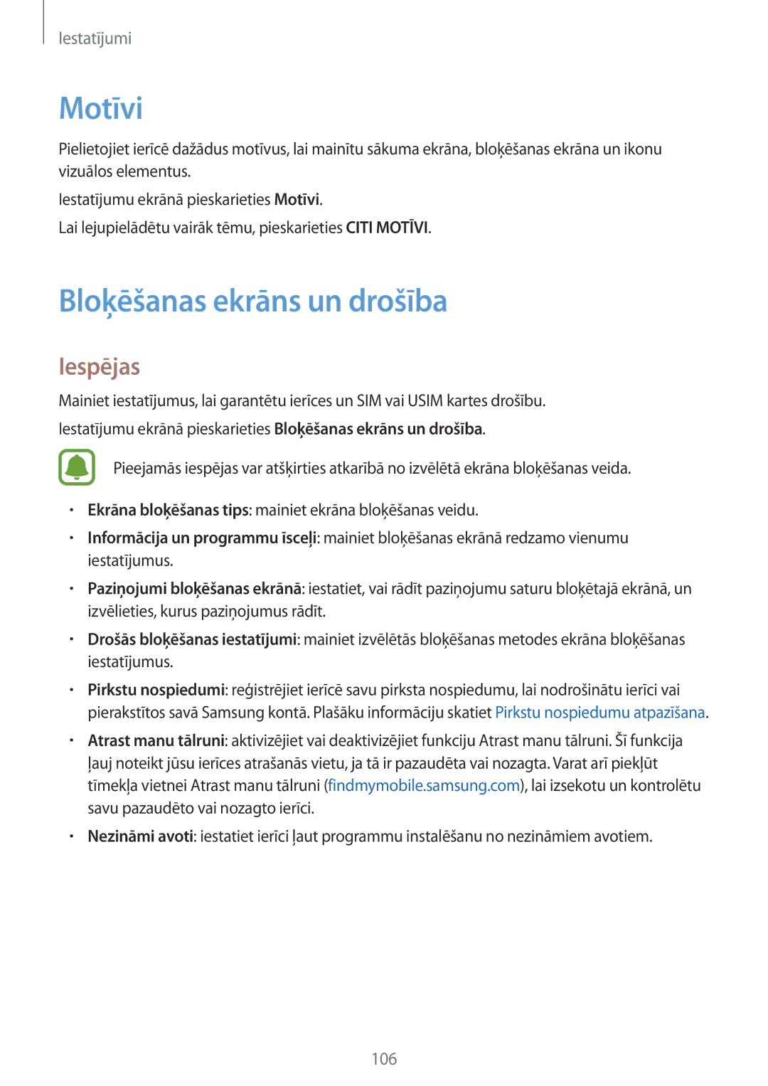 Samsung SM-G920FZBASEB manual Motīvi, Bloķēšanas ekrāns un drošība 