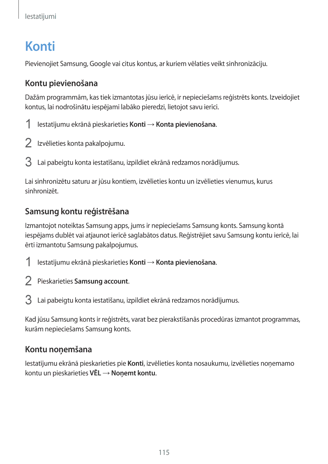 Samsung SM-G920FZBASEB manual Konti, Kontu pievienošana, Samsung kontu reģistrēšana, Kontu noņemšana 