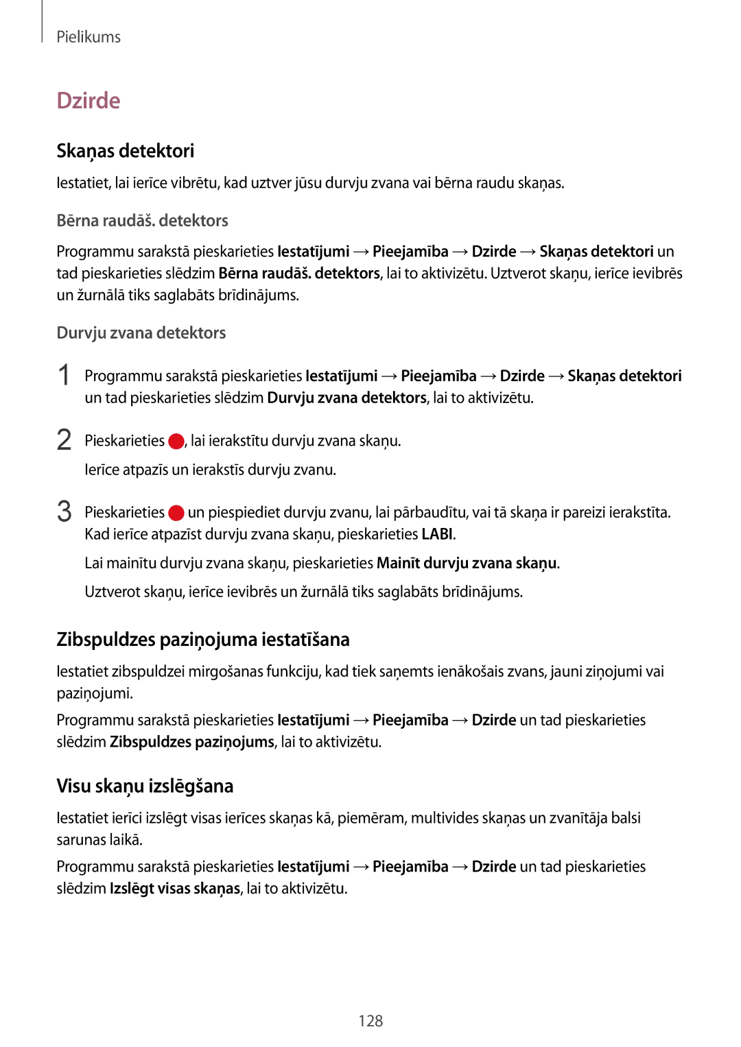 Samsung SM-G920FZBASEB manual Dzirde, Skaņas detektori, Zibspuldzes paziņojuma iestatīšana, Visu skaņu izslēgšana 