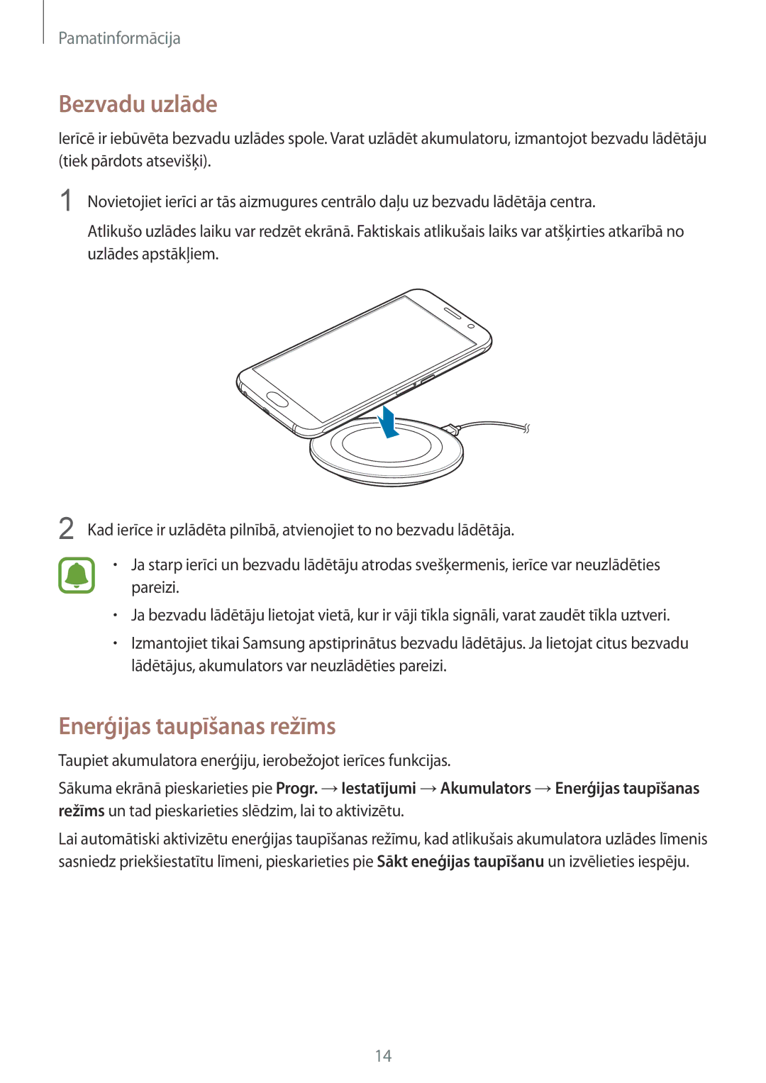 Samsung SM-G920FZBASEB manual Bezvadu uzlāde, Enerģijas taupīšanas režīms 