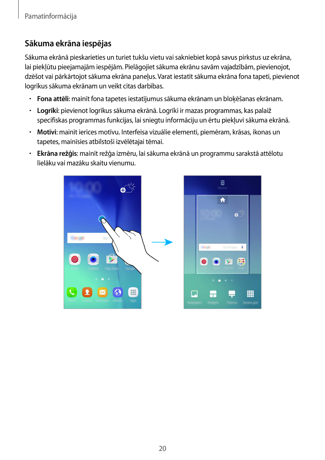 Samsung SM-G920FZBASEB manual Sākuma ekrāna iespējas 