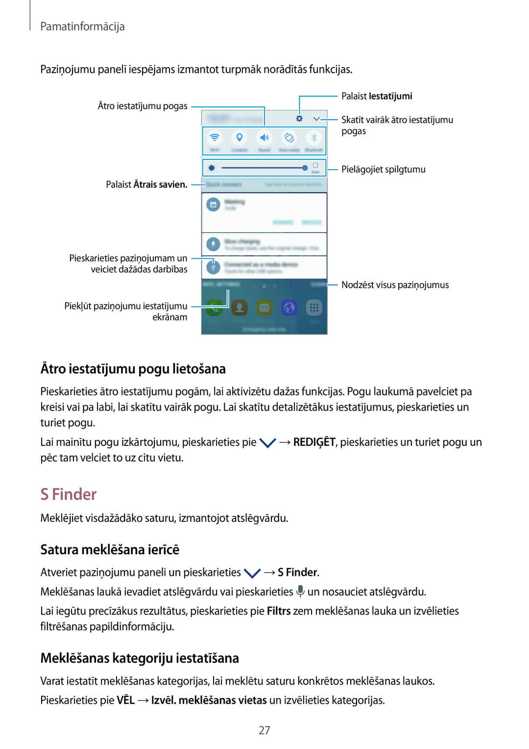 Samsung SM-G920FZBASEB Finder, Ātro iestatījumu pogu lietošana, Satura meklēšana ierīcē, Meklēšanas kategoriju iestatīšana 