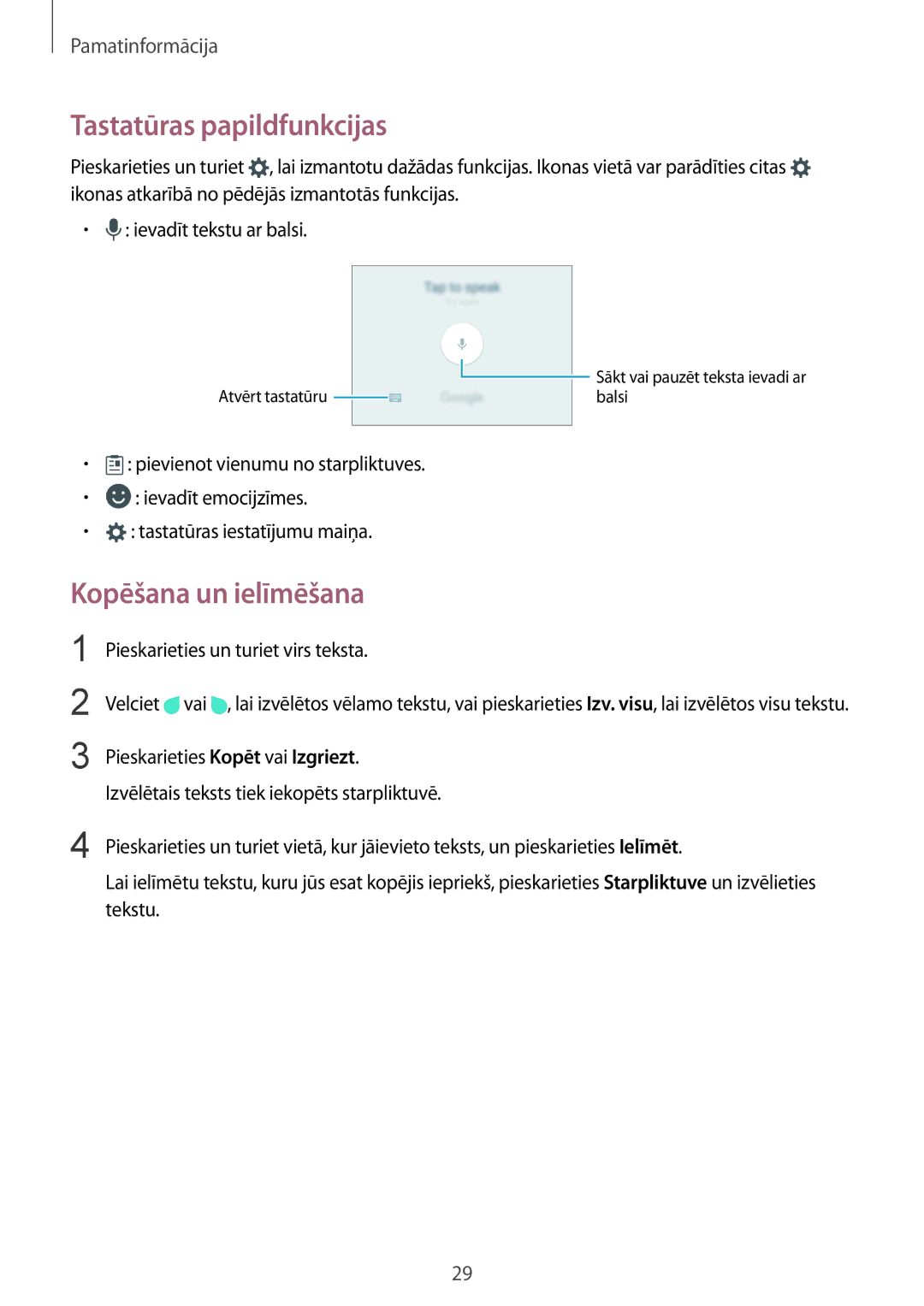 Samsung SM-G920FZBASEB manual Tastatūras papildfunkcijas, Kopēšana un ielīmēšana, Pieskarieties un turiet virs teksta 