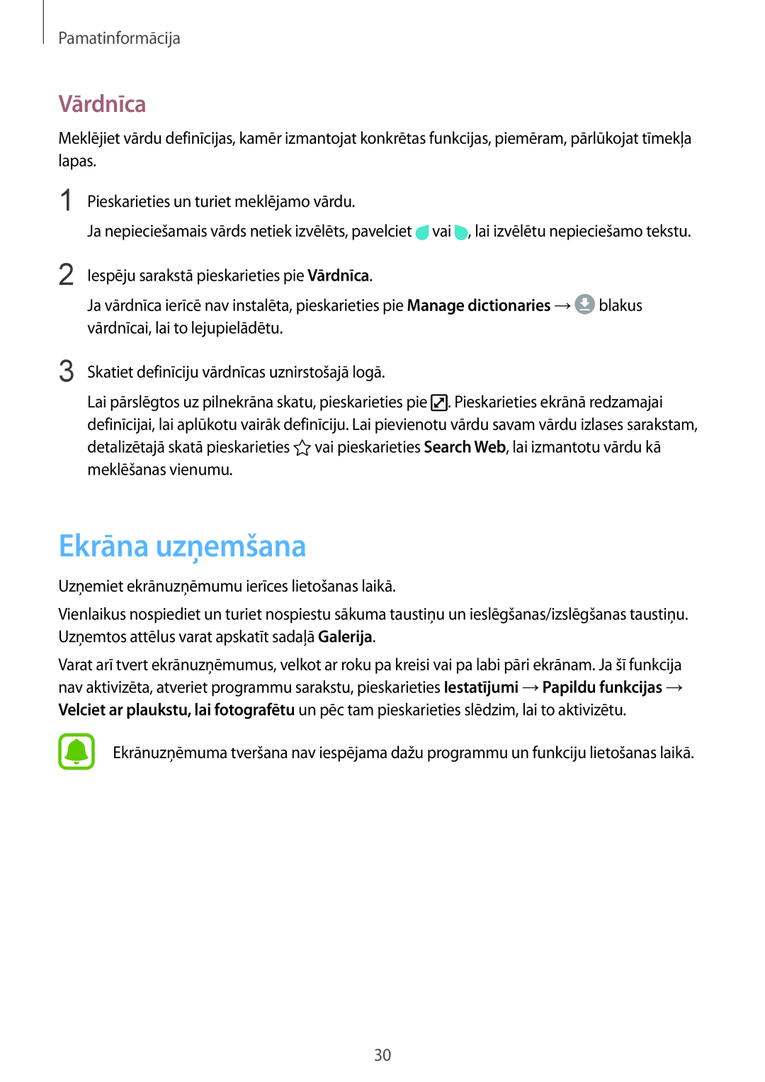 Samsung SM-G920FZBASEB manual Ekrāna uzņemšana, Vārdnīca 