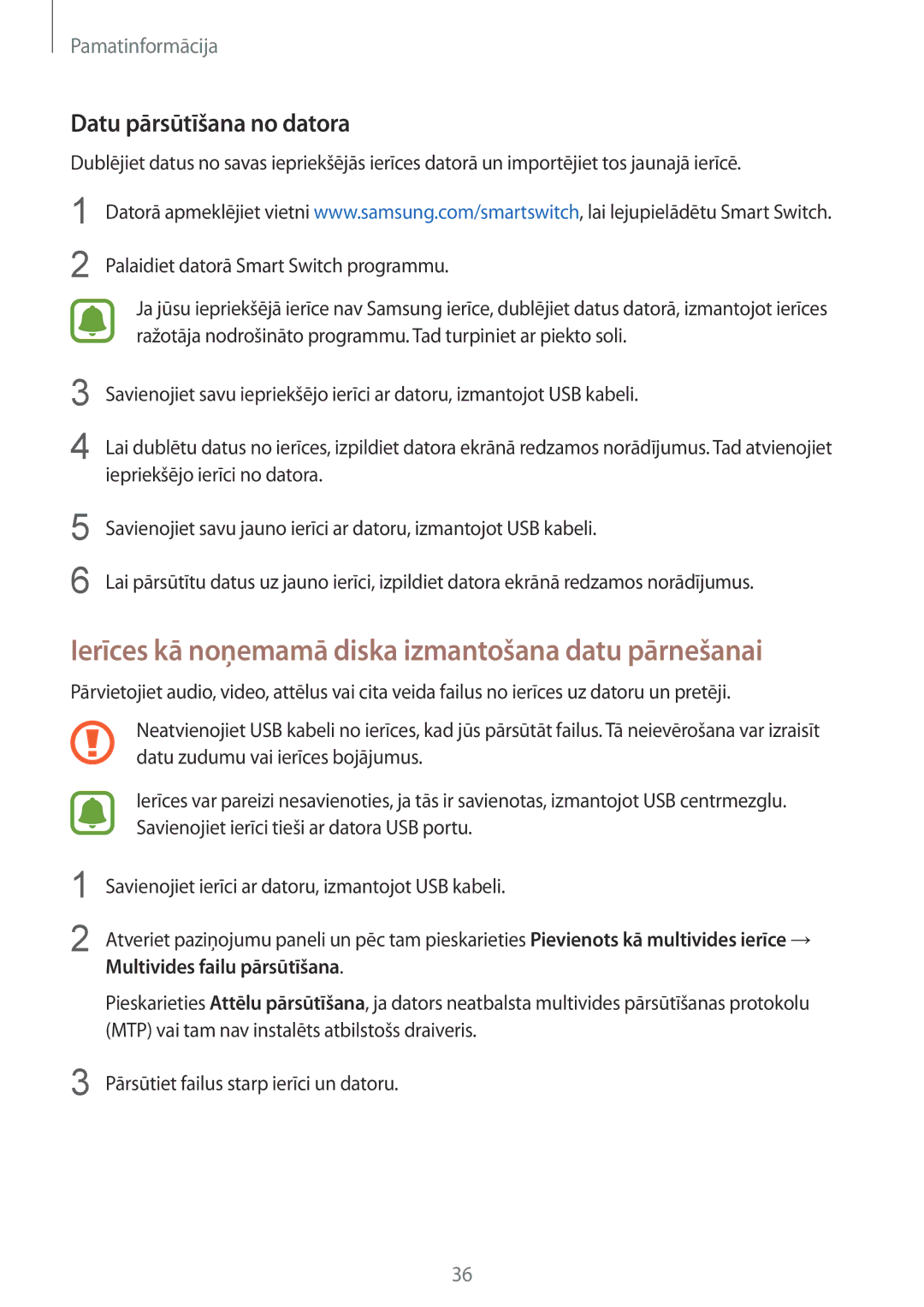 Samsung SM-G920FZBASEB manual Ierīces kā noņemamā diska izmantošana datu pārnešanai, Datu pārsūtīšana no datora 