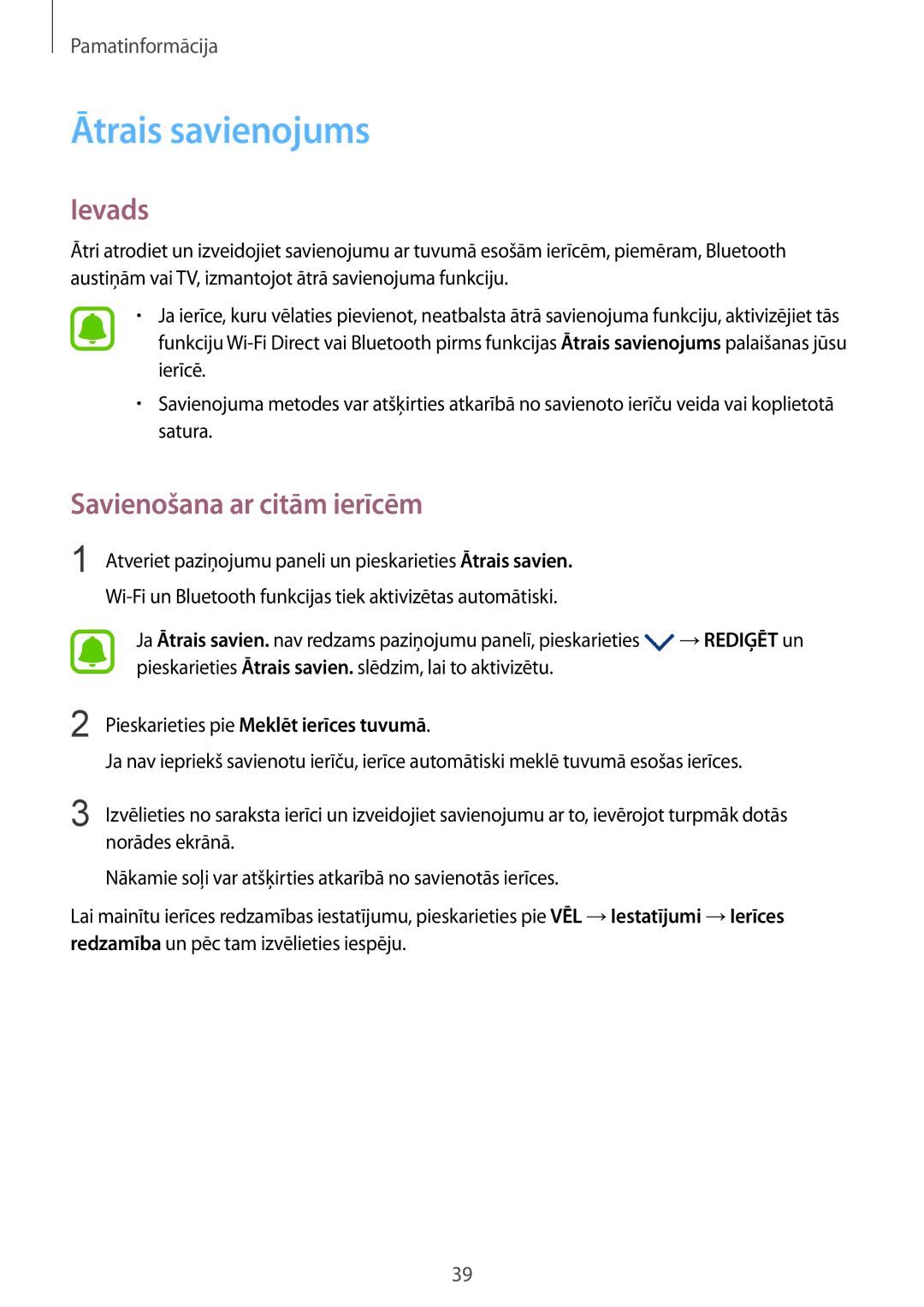 Samsung SM-G920FZBASEB manual Ātrais savienojums, Savienošana ar citām ierīcēm, Pieskarieties pie Meklēt ierīces tuvumā 