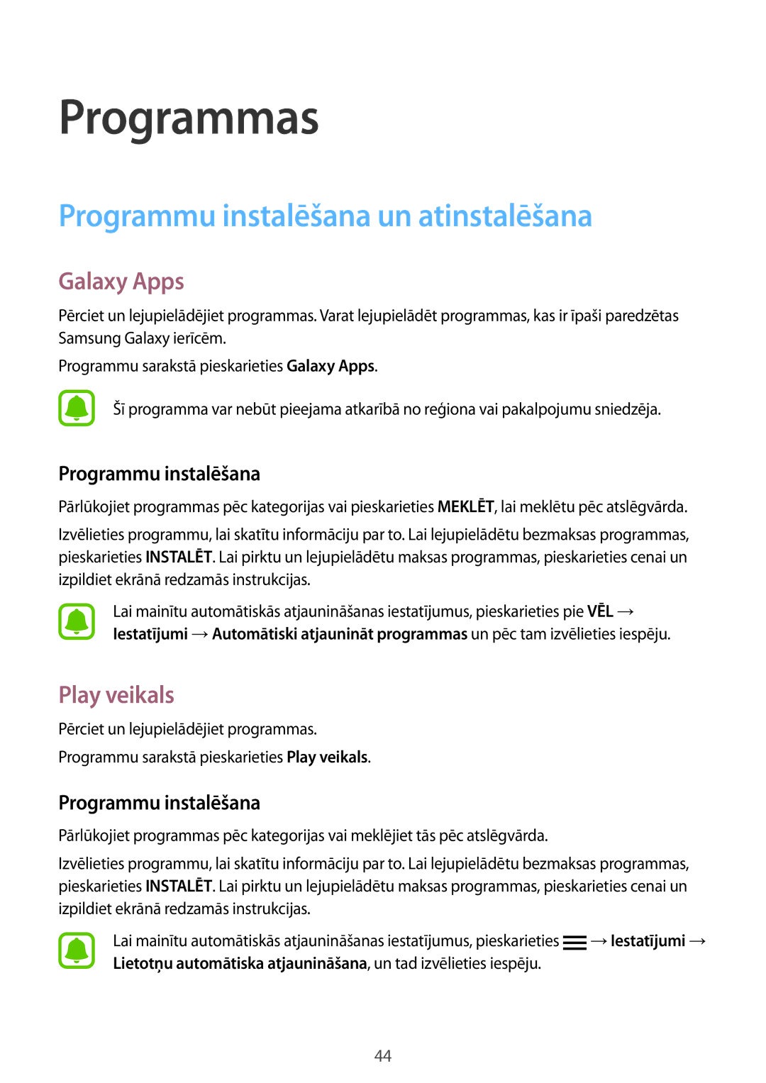 Samsung SM-G920FZBASEB manual Programmu instalēšana un atinstalēšana, Galaxy Apps, Play veikals 