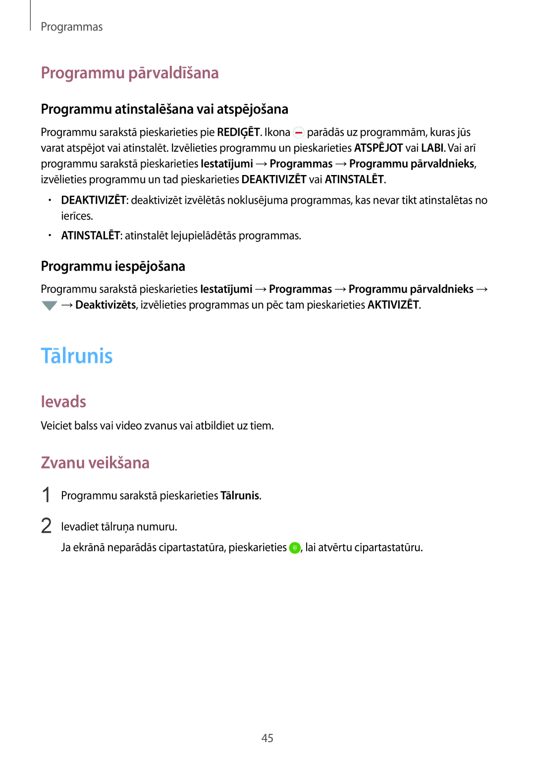 Samsung SM-G920FZBASEB manual Tālrunis, Programmu pārvaldīšana, Zvanu veikšana, Programmu atinstalēšana vai atspējošana 